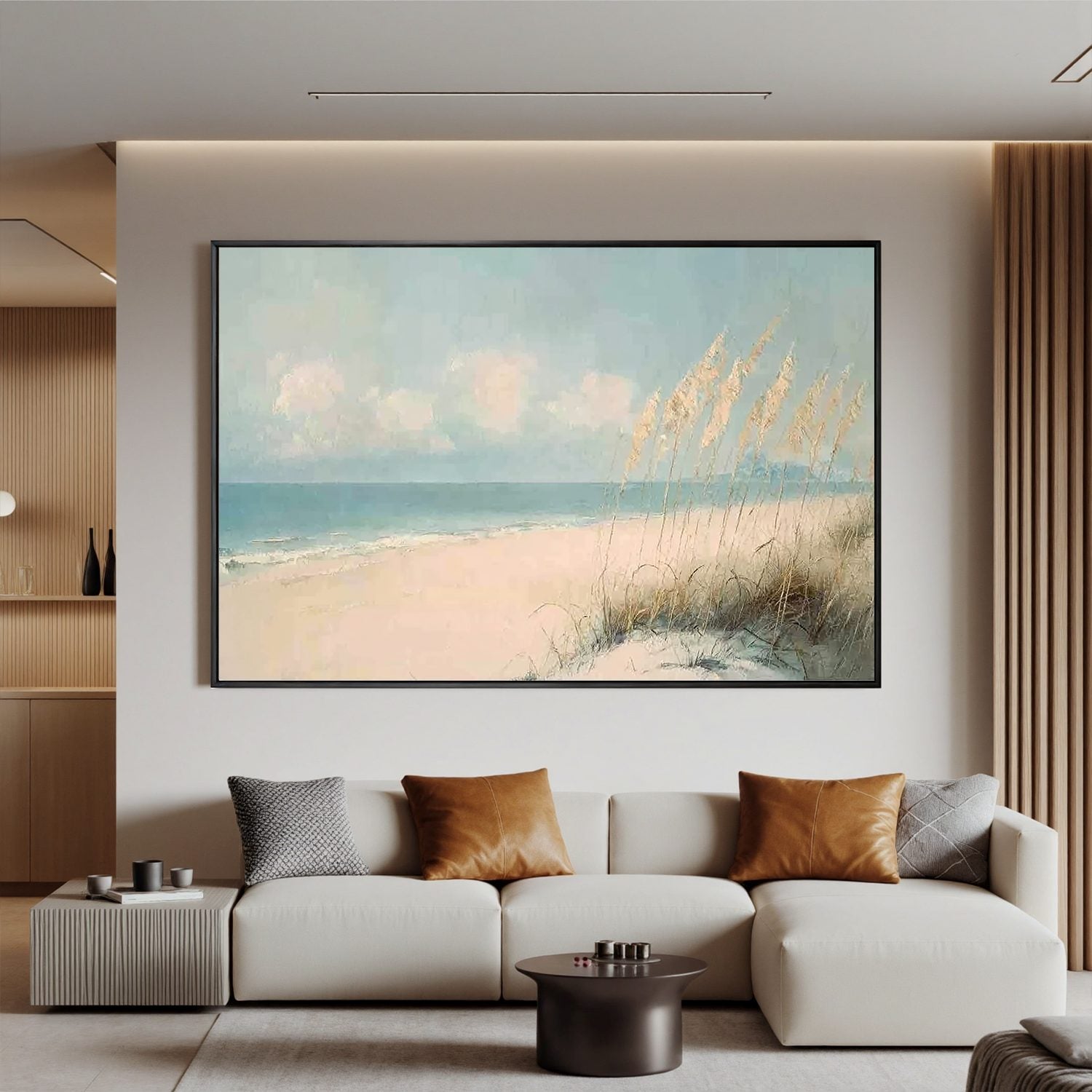 Soft Coastal Beach Wall Art, Serene Ocean Seascape Canvas Painting for Living Room Décor #OA 0419