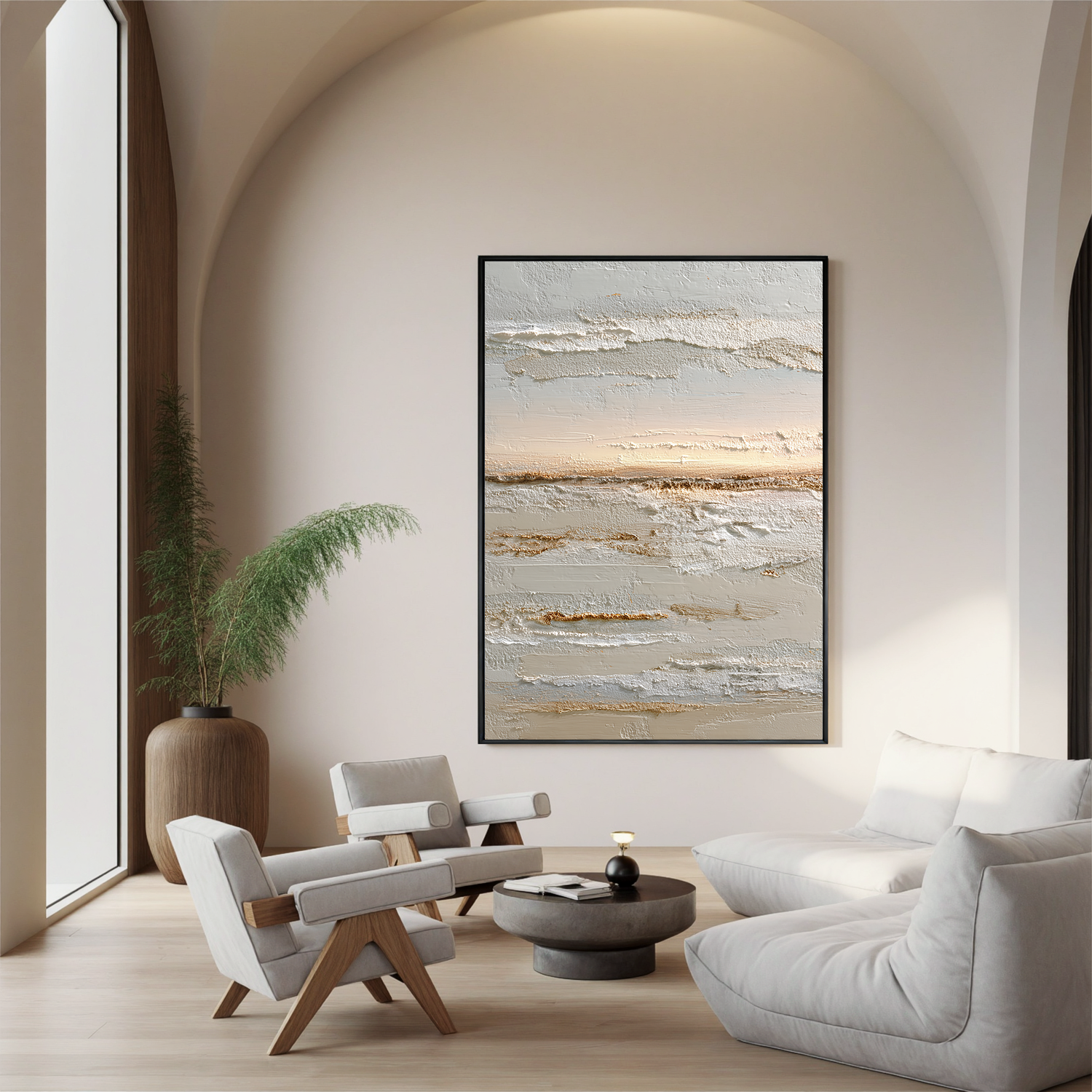 Neutral Abstract Landscape Canvas Wall Art – Textured Cream and Beige Minimalist Painting for Living Room Decor#OA 0858