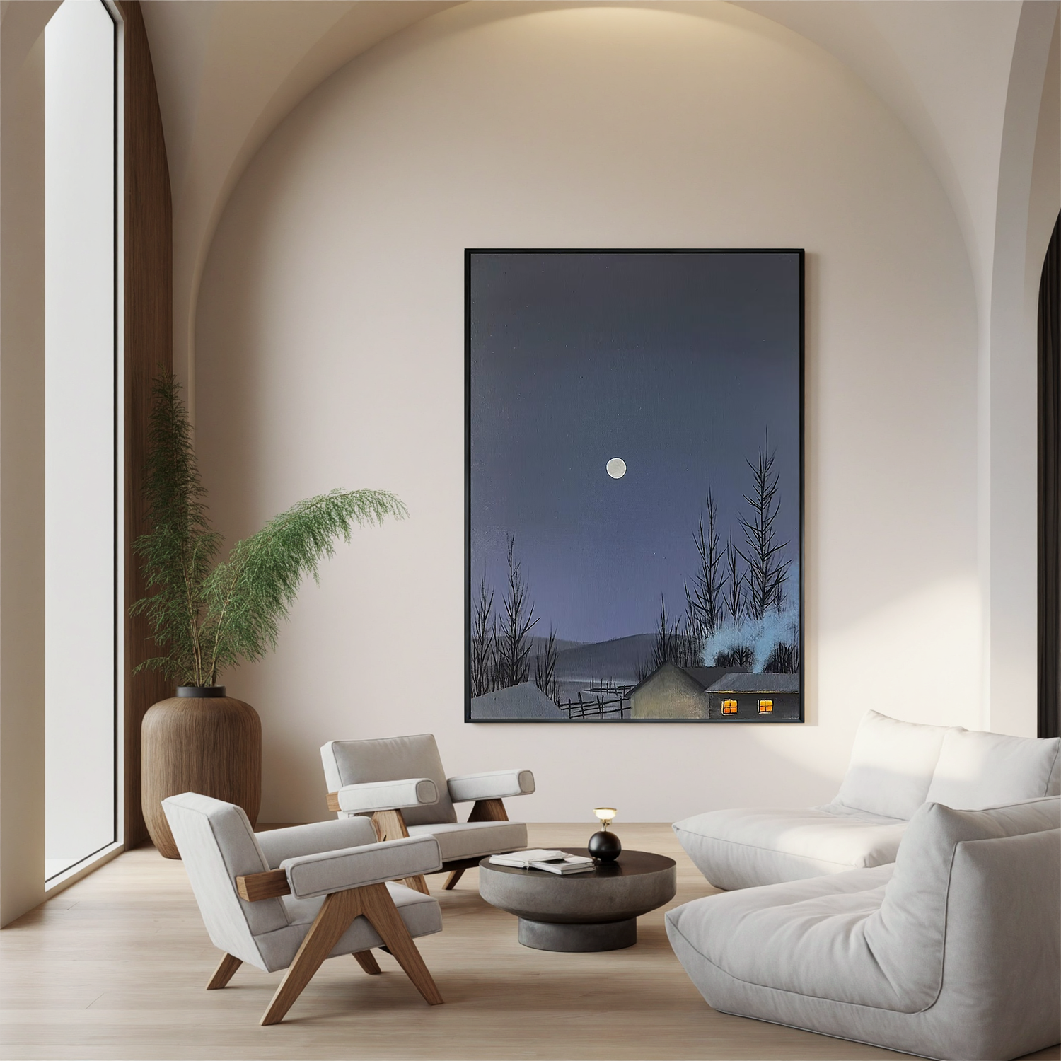 Moonlit Winter Cabin Wall Art – Snowy Night Landscape Canvas Painting for Living Room Decor #OA 0817
