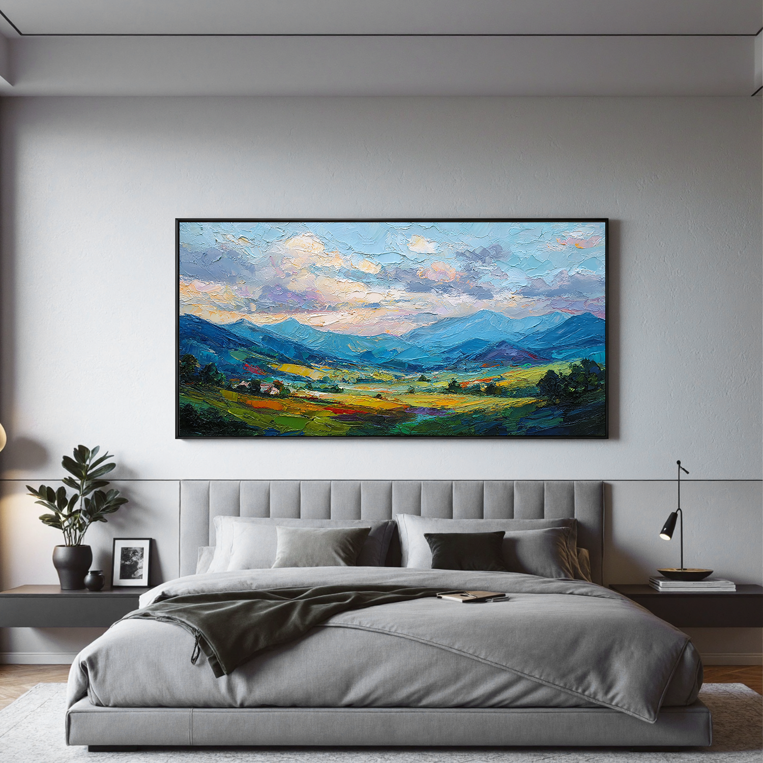 Large Colorful Mountain Landscape Oil Painting – Textured Panorama Canvas Wall Art for Living Room#OA 0888