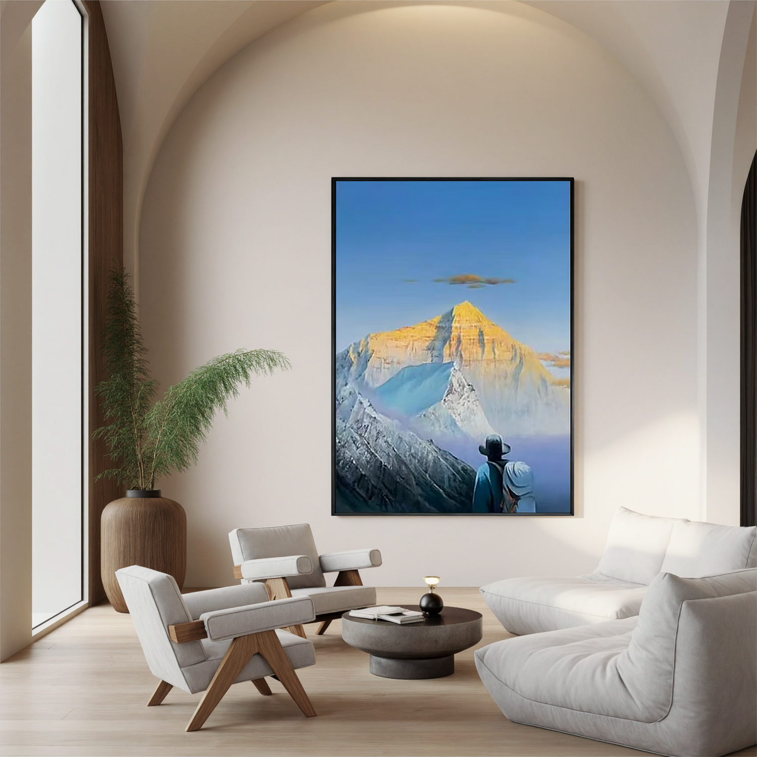 Golden Sunrise Snow Mountain Wall Art, Majestic Alpine Landscape Canvas Painting with Explorer for Living Room Decor #OA 0770