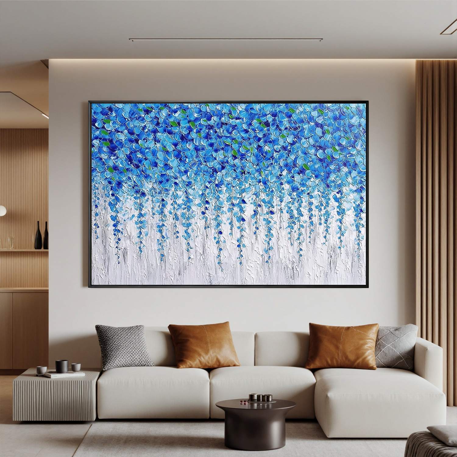 Blue Floral Abstract Wall Art, Textured Flower Cascade Canvas Painting for Living Room Décor #OA 0402