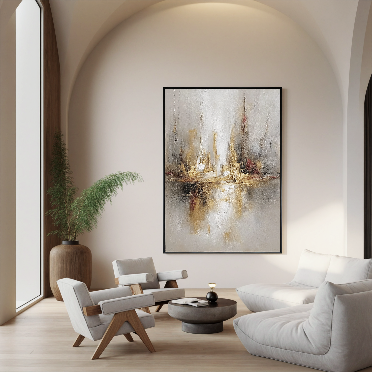 Abstract Cityscape Oil Painting, Neutral Gold Skyline Wall Art for Living Room Decor #OA 0575