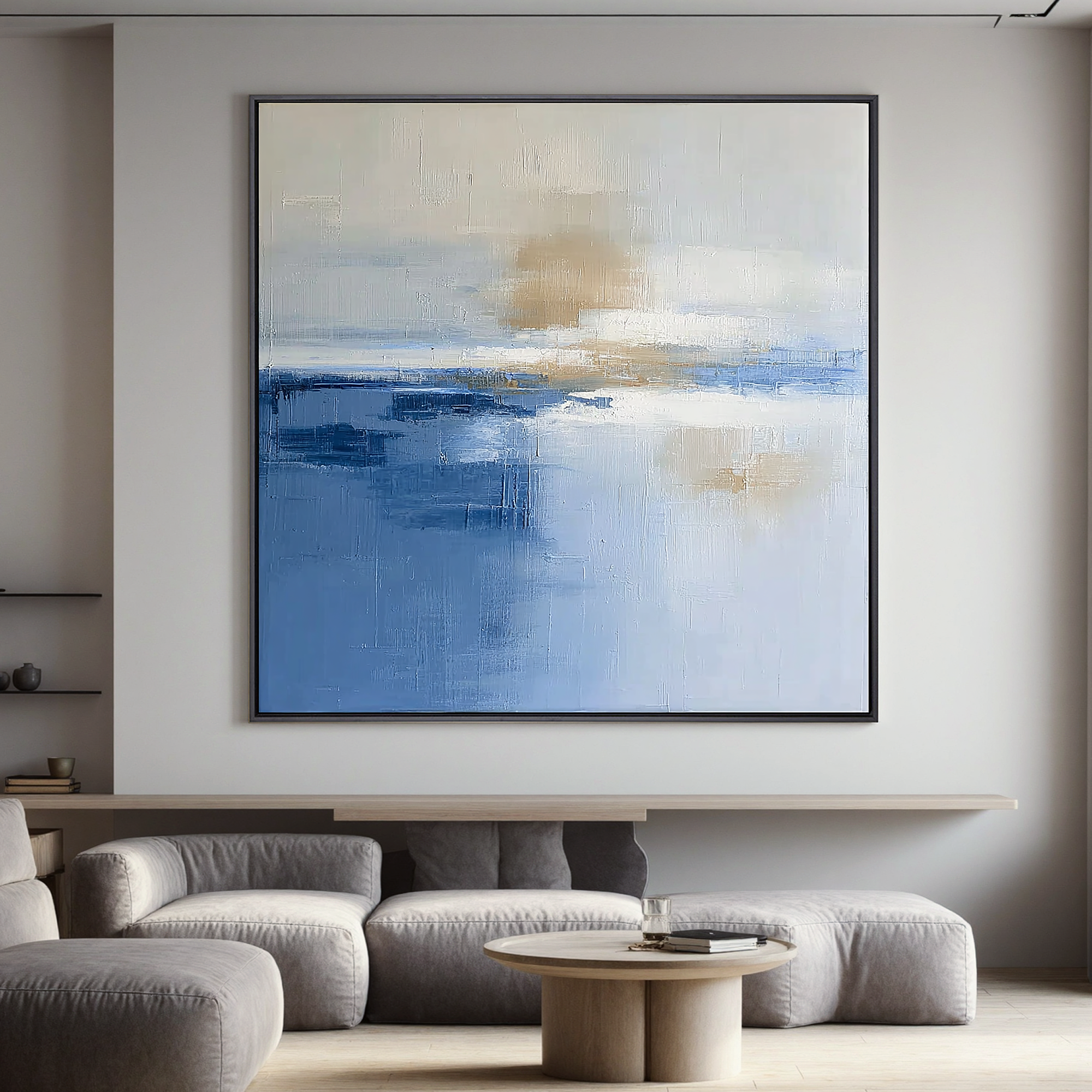 Abstract Blue Seascape Oil Painting Canvas – Minimalist Horizon Wall Art for Living Room Modern Home Decor#OA 0483