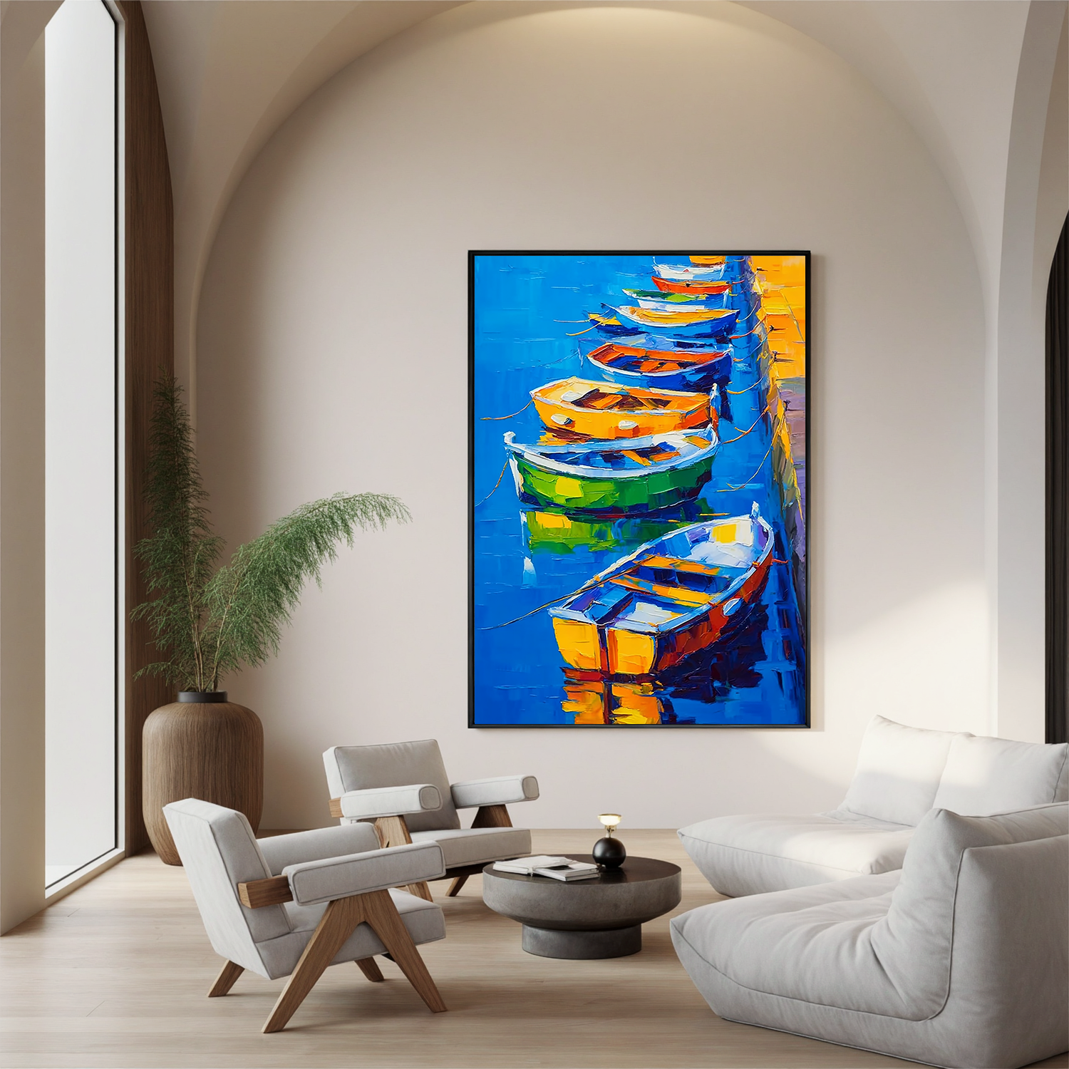 Colorful Boat Oil Painting, Blue Harbor Coastal Wall Art for Living Room Decor#OA 0574