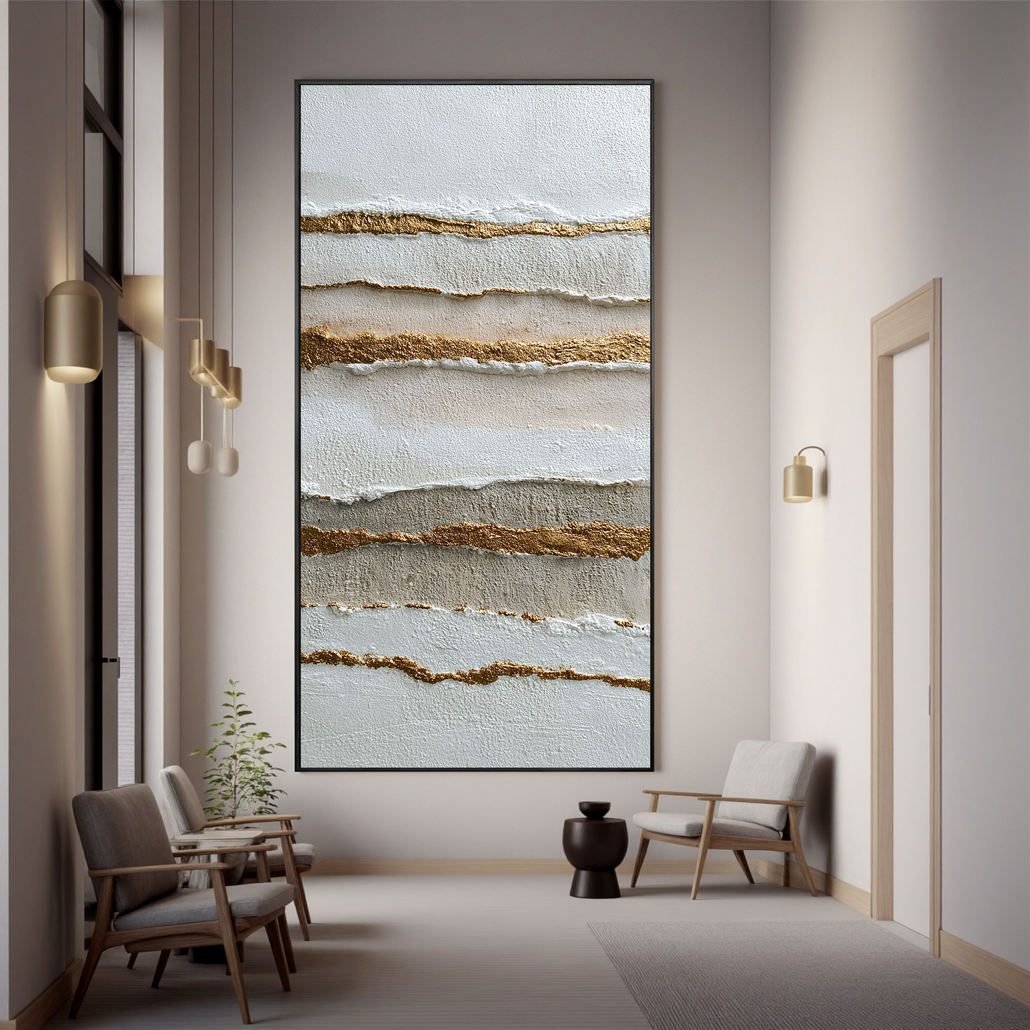 Minimalist Abstract Texture Canvas Wall Art – Neutral Beige White and Gold Vertical Painting for Modern Living Room Decor#OA 0869