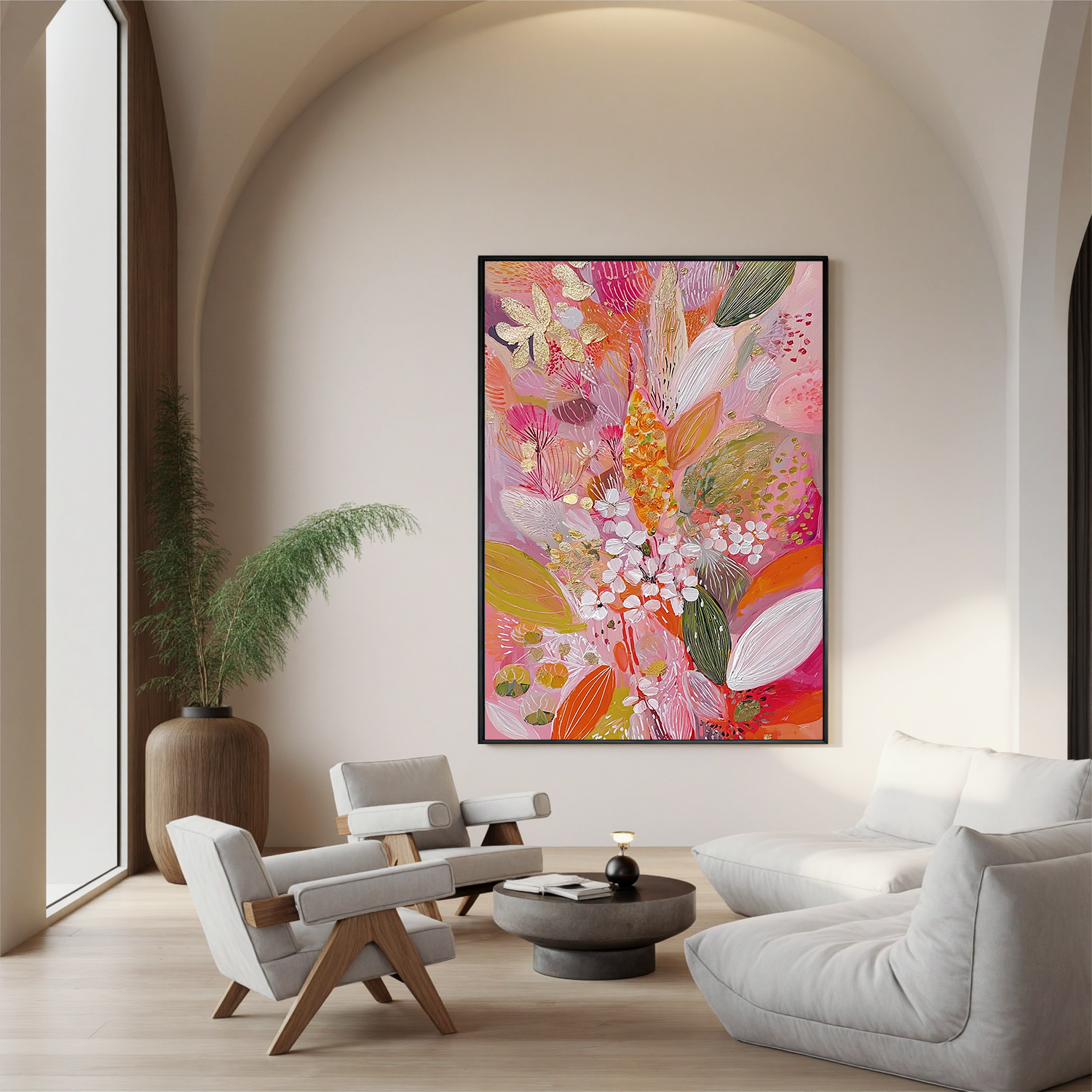 Pink Orange Floral Oil Painting, Colorful Botanical Wall Art for Living Room Decor #OA 0576