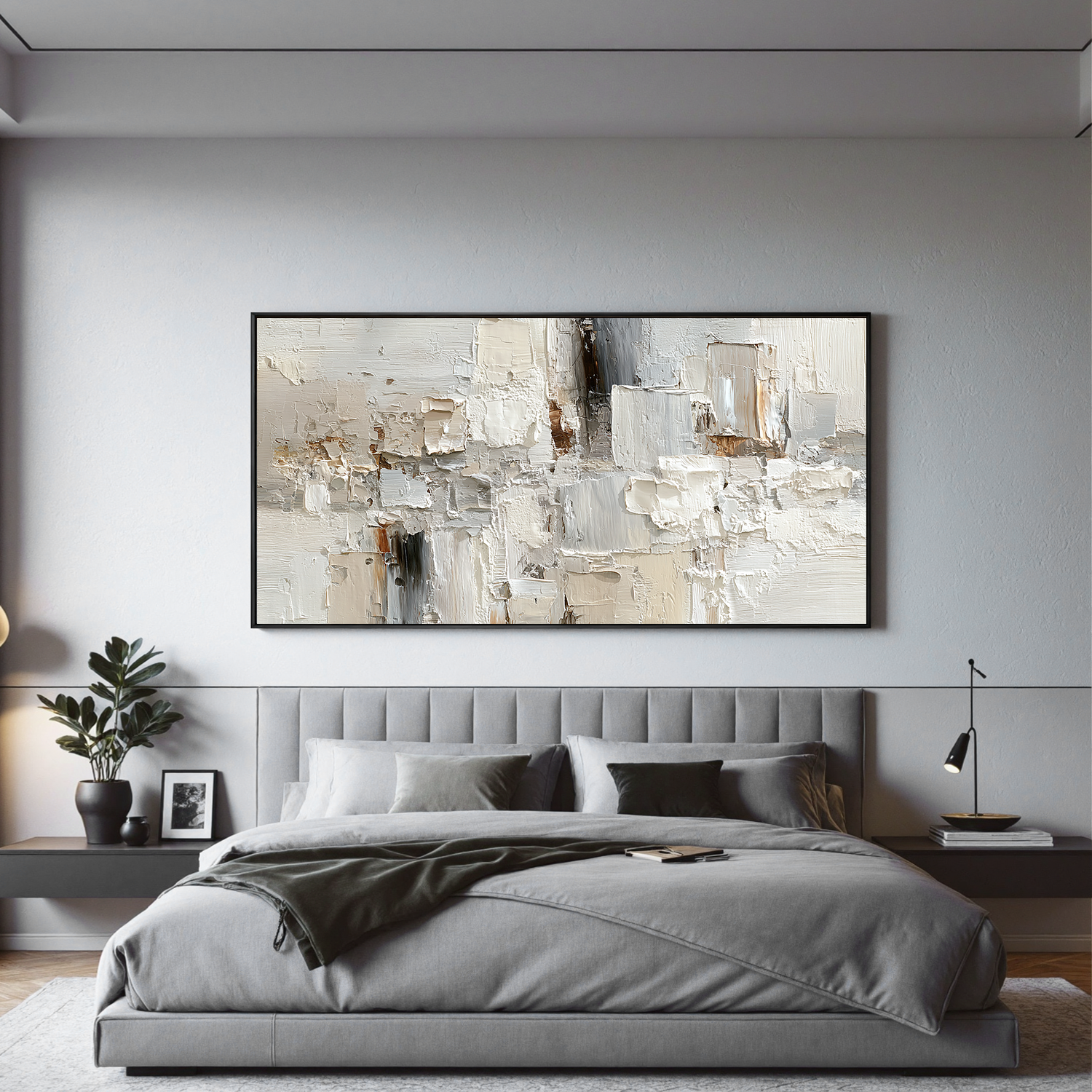 Large Neutral Textured Abstract Canvas Wall Art – Horizontal Impasto Painting in Cream White for Modern Living Room Decor#OA 0880