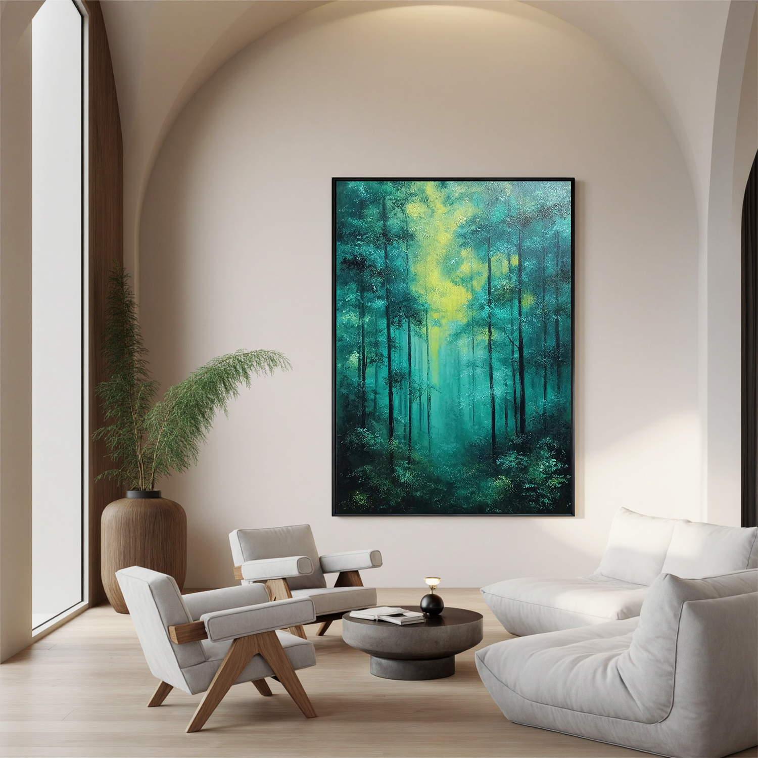 Misty Forest Oil Painting, Green Woodland Landscape Wall Art for Living Room Decor#OA 0592