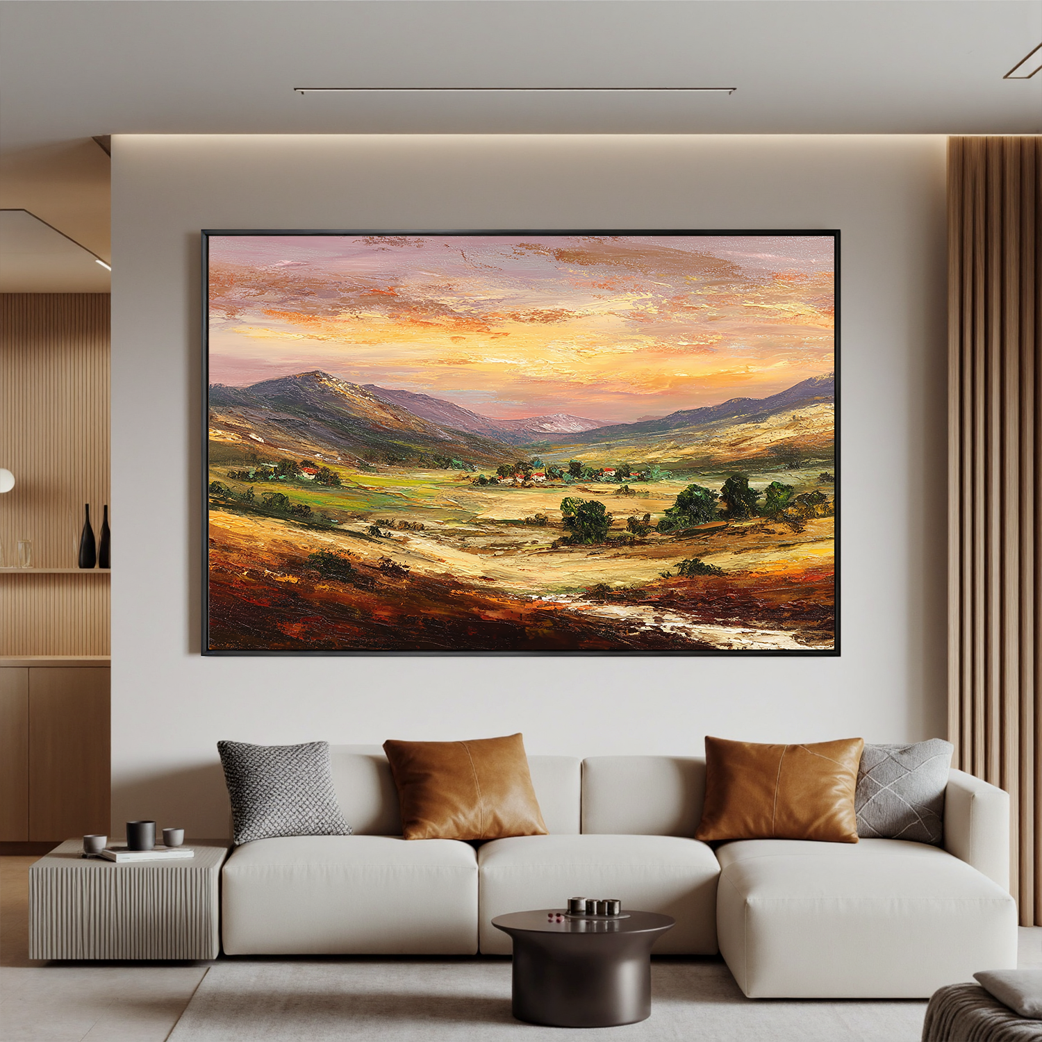 Large Sunset Mountain Landscape Canvas Wall Art – Warm Valley Oil Painting for Living Room Decor#OA 0885