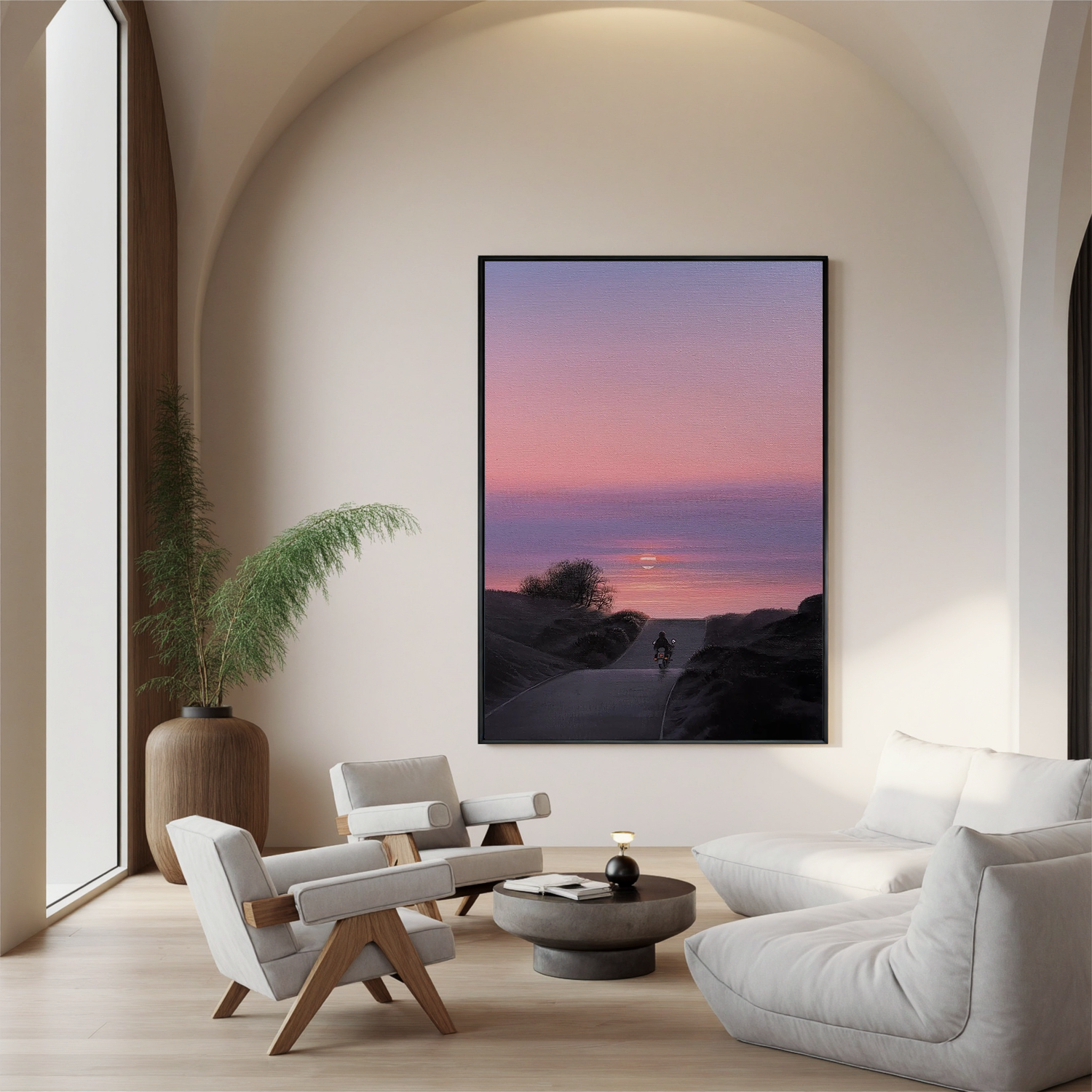 Sunset Motorcycle Road Wall Art, Romantic Pink and Purple Sky Landscape Canvas for Living Room Decor #OA 0741