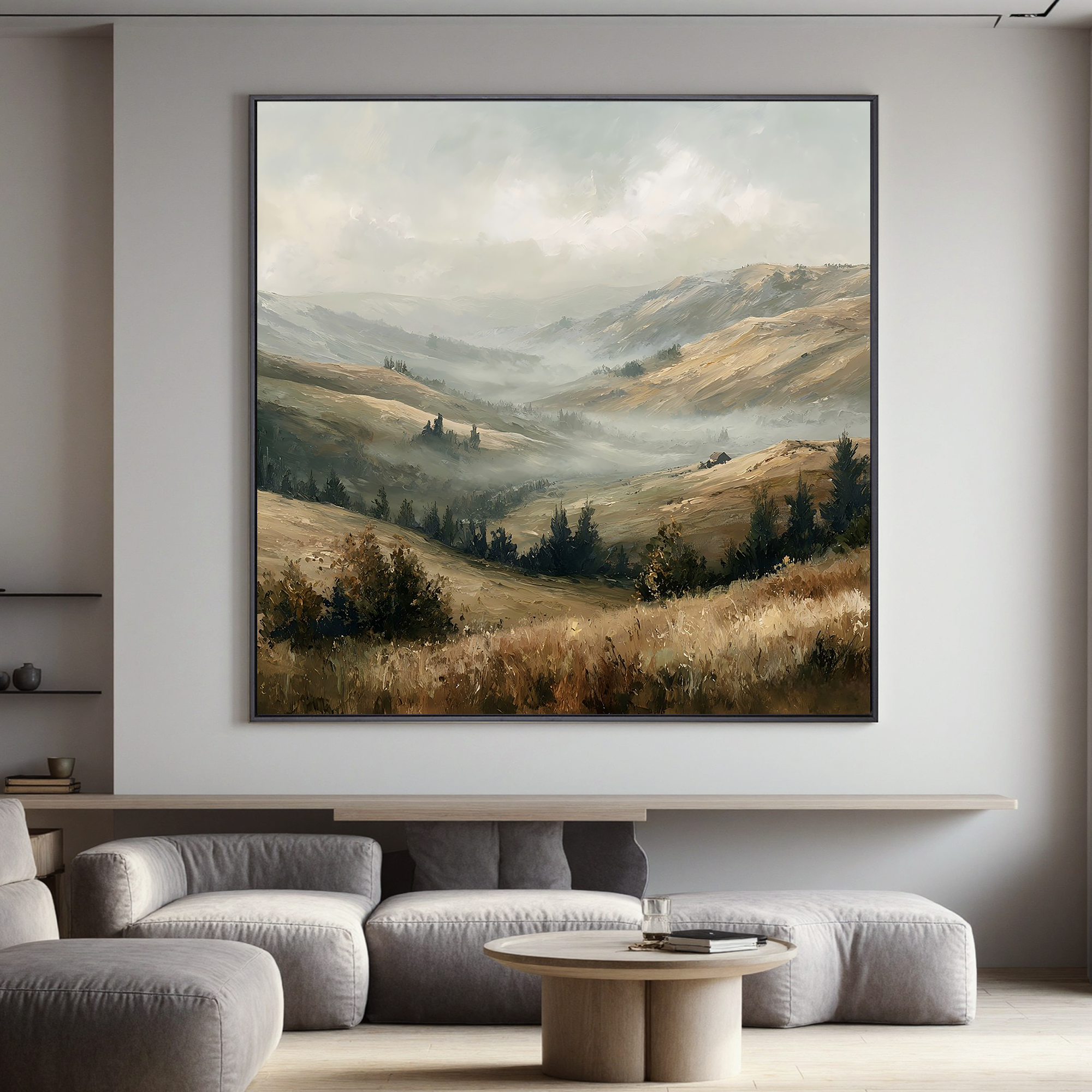 Misty Mountain Valley Landscape Painting – Neutral Rustic Wall Art#OA 0898