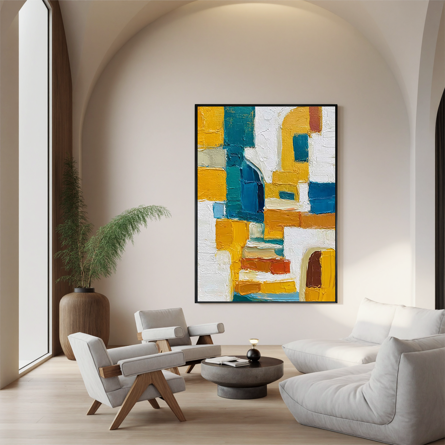 Abstract Geometric Oil Painting, Yellow and Blue Textured Wall Art for Living Room Decor#OA 0537