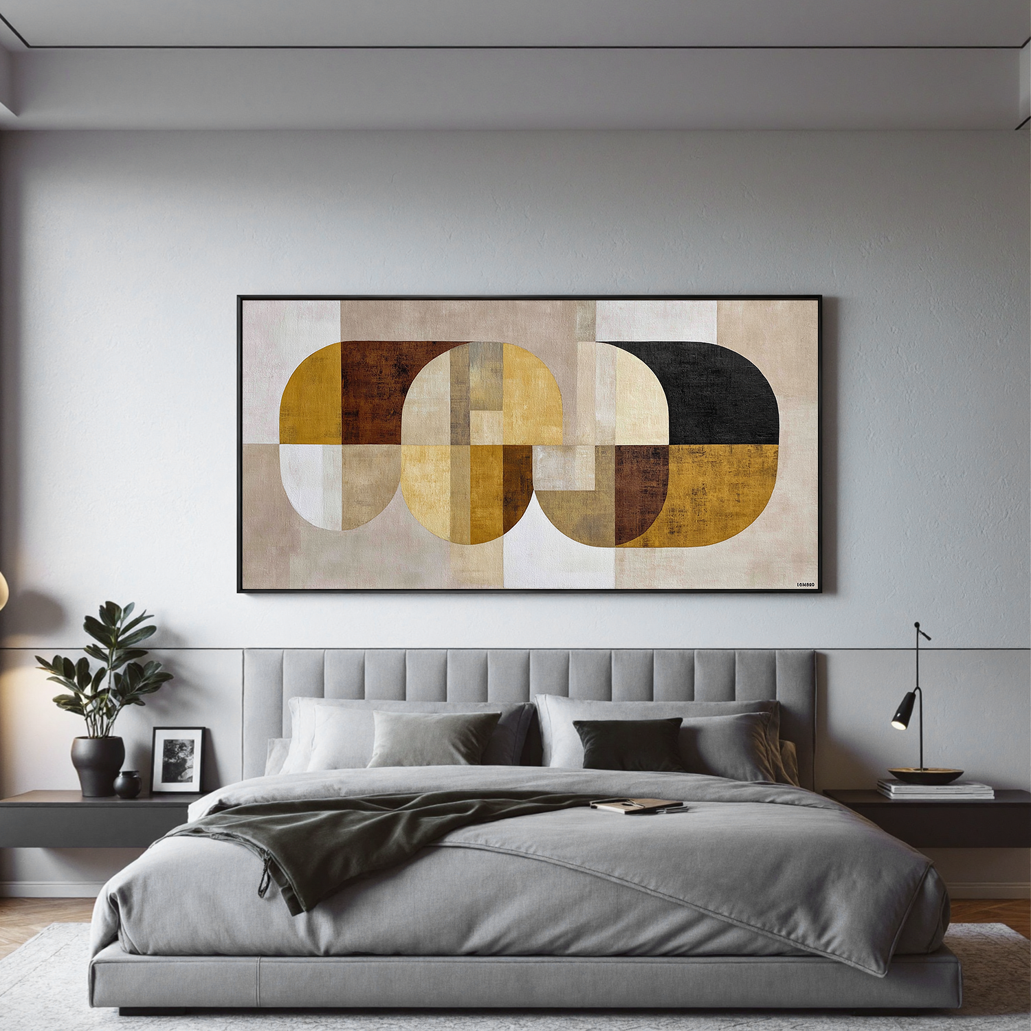 Mid Century Modern Geometric Abstract Canvas Wall Art – Neutral Beige Mustard Yellow Horizontal Painting for Living Room Decor#OA 0865