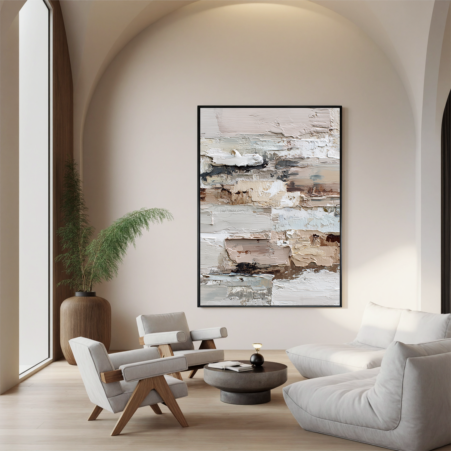 Light Neutral Textured Abstract Wall Art – Beige and White Minimalist Canvas Painting for Modern Living Room Decor#OA 826