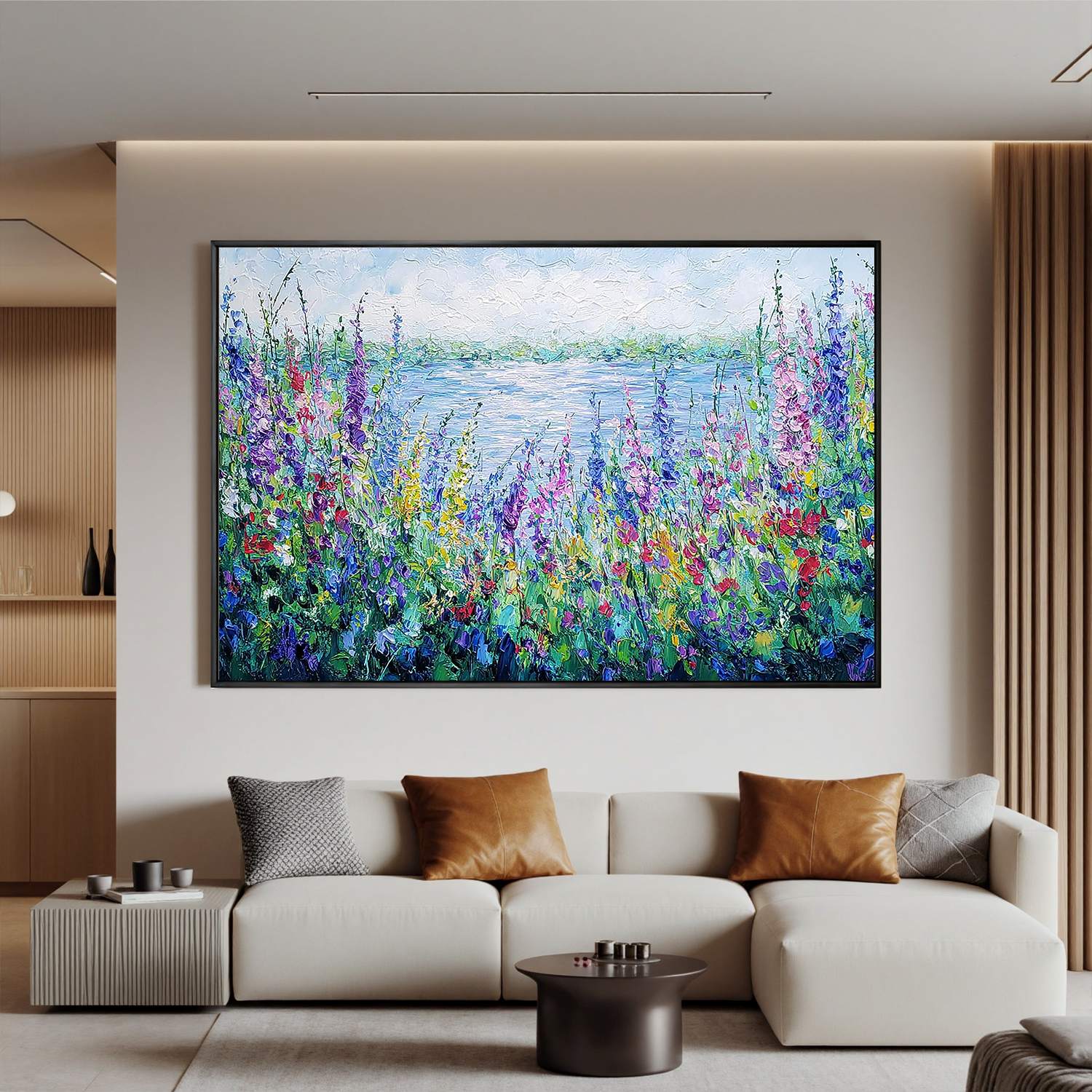 Colorful Wildflower Lake Wall Art, Textured Garden Landscape Canvas Painting for Living Room Décor #OA 0407