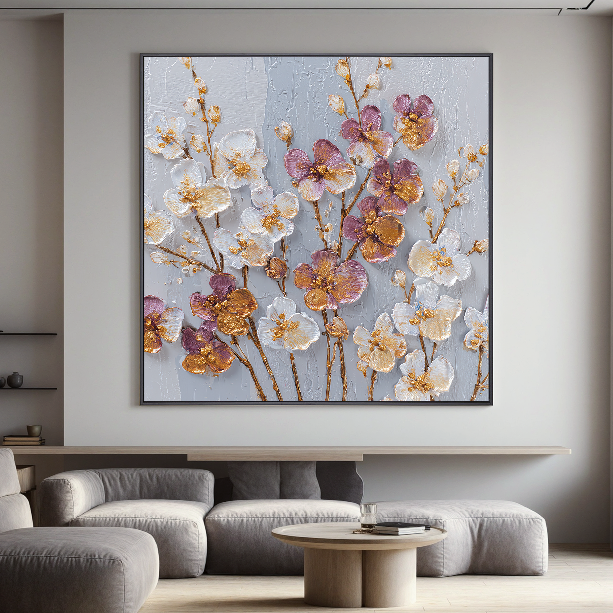 Luxury Floral Canvas Wall Art – White & Purple Flowers with Gold Texture for Elegant Home Decor#OA 0849