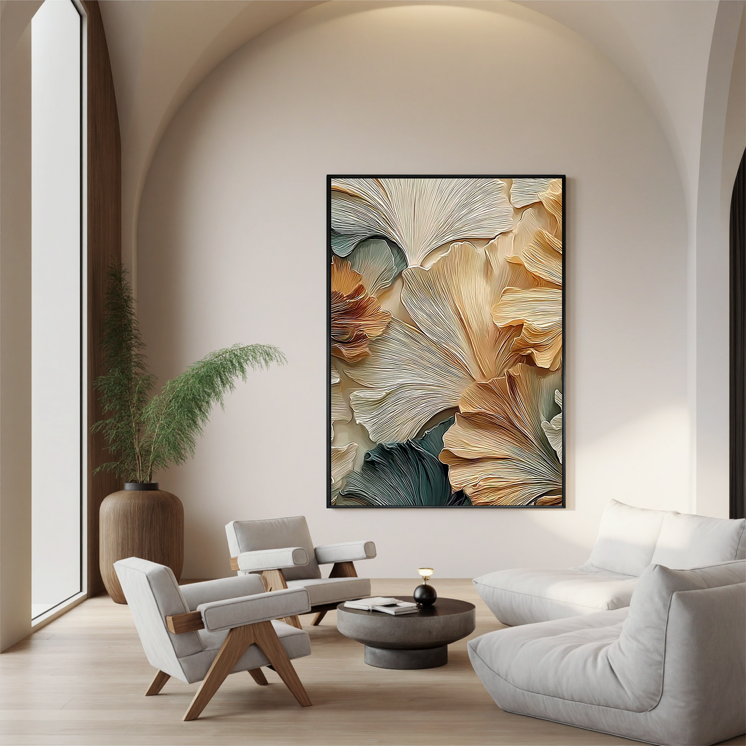 Textured Botanical Oil Painting, Abstract Golden Leaf Wall Art for Living Room Decor#OA 0544