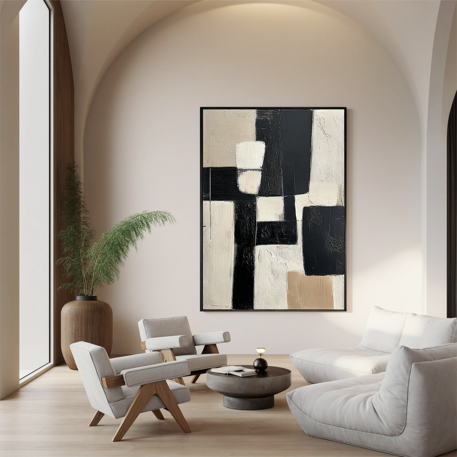 Black and White Abstract Oil Painting, Minimalist Geometric Wall Art for Living Room Decor#OA 0553