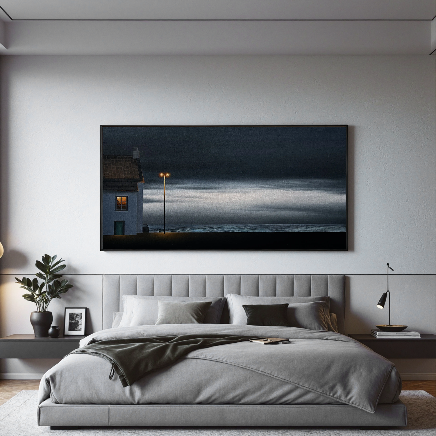 Moody Coastal Night Wall Art with Lonely House and Streetlight, Panoramic Seascape Canvas for Living Room Decor #OA 0735