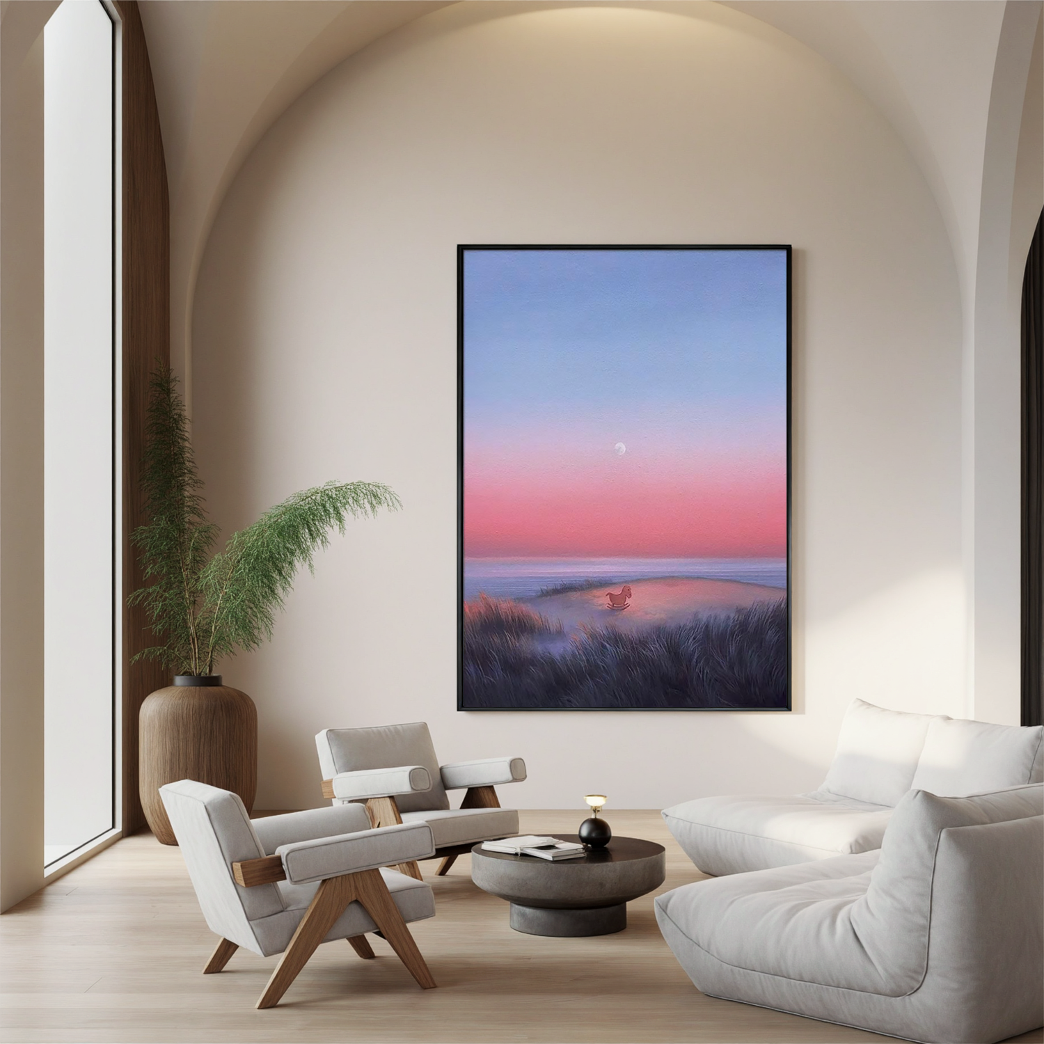 Dreamy Coastal Sunset Wall Art with Rocking Horse, Pastel Pink and Blue Seascape Canvas for Nursery or Living Room Decor #OA 0733