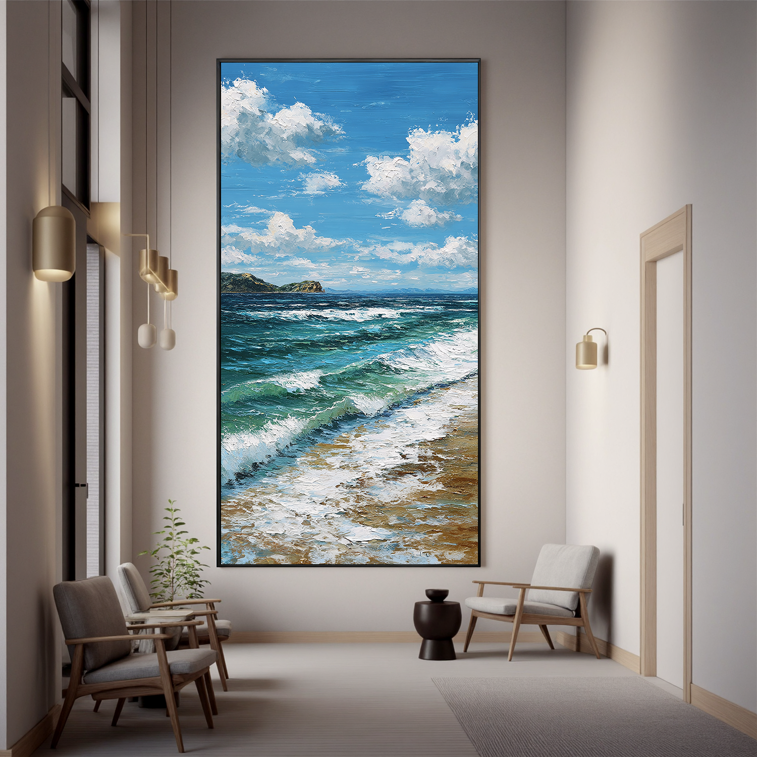 Vertical Coastal Ocean Wall Art – Blue Sea Waves and Sky Canvas Painting for Modern Home Decor#OA 0833