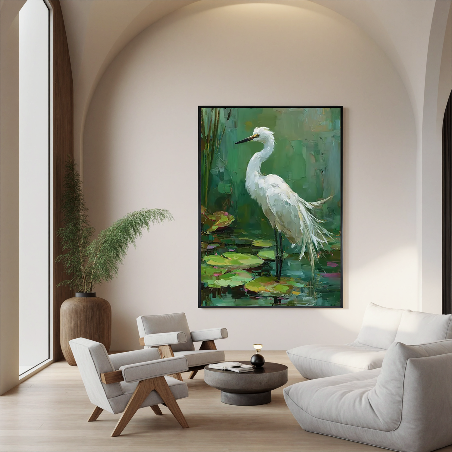 White Egret Bird Wall Art – Impressionist Nature Wildlife Canvas Painting for Living Room Decor