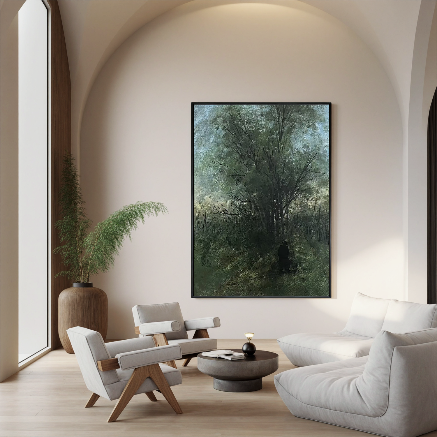 Moody Forest Wall Art with Lone Figure, Misty Woodland Landscape Canvas Painting for Living Room Decor #OA 0776