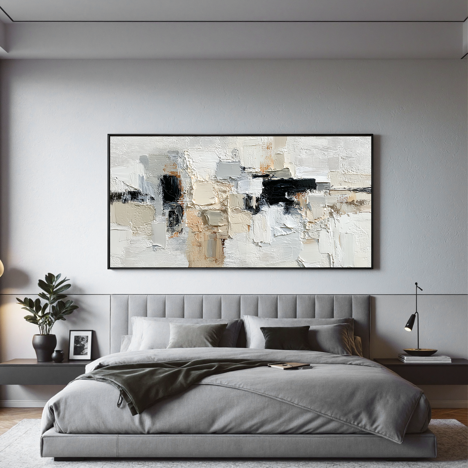 Large Neutral Abstract Canvas Wall Art – Textured Black White Beige Painting for Modern Living Room Decor#OA 0872