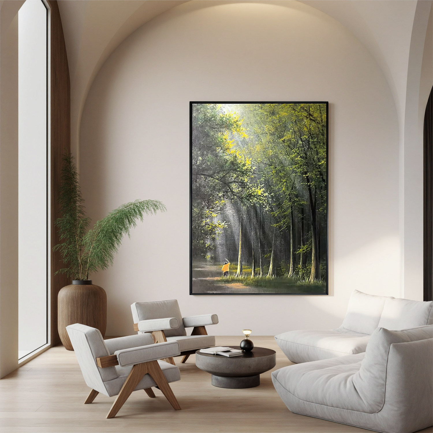 Sunlit Forest Path Wall Art with Figure, Serene Woodland Landscape Canvas Painting for Living Room and Bedroom Decor #OA 0773