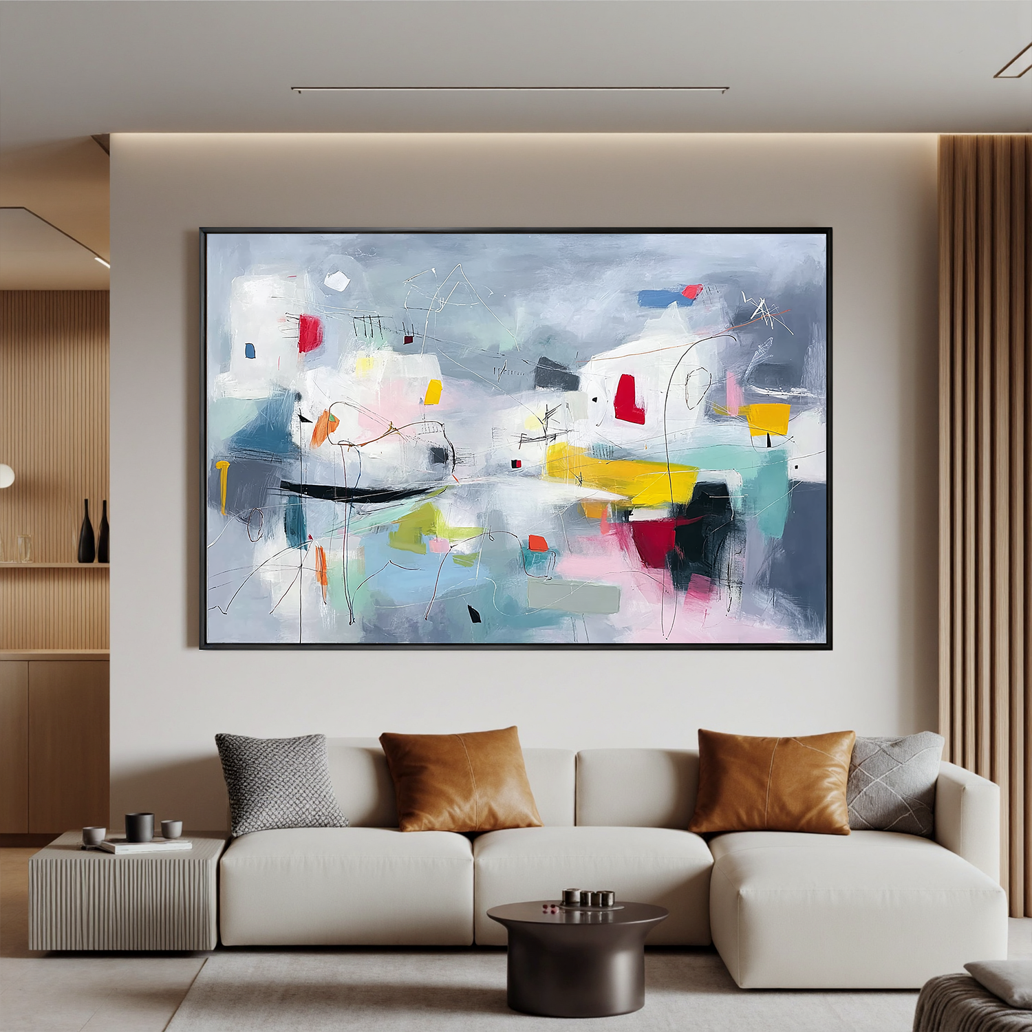 Abstract Grey Blue Oil Painting Canvas – Minimalist Modern Wall Art for Living Room Contemporary Home Decor#OA 0492