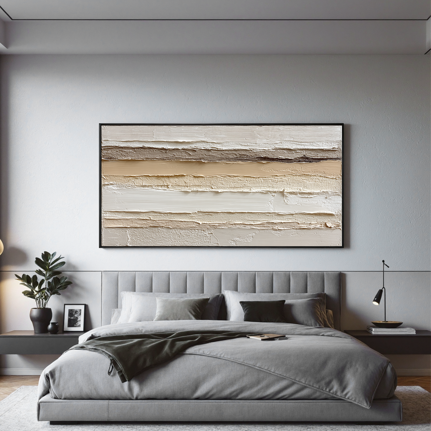 Large Horizontal Neutral Textured Wall Art – Beige Minimalist Abstract Canvas for Modern Living Room Decor#OA 0823