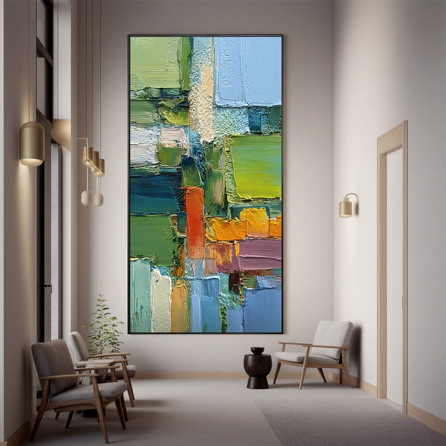 Green Geometric Abstract Wall Art, Colorful Textured Block Canvas Painting for Modern Living Room Décor