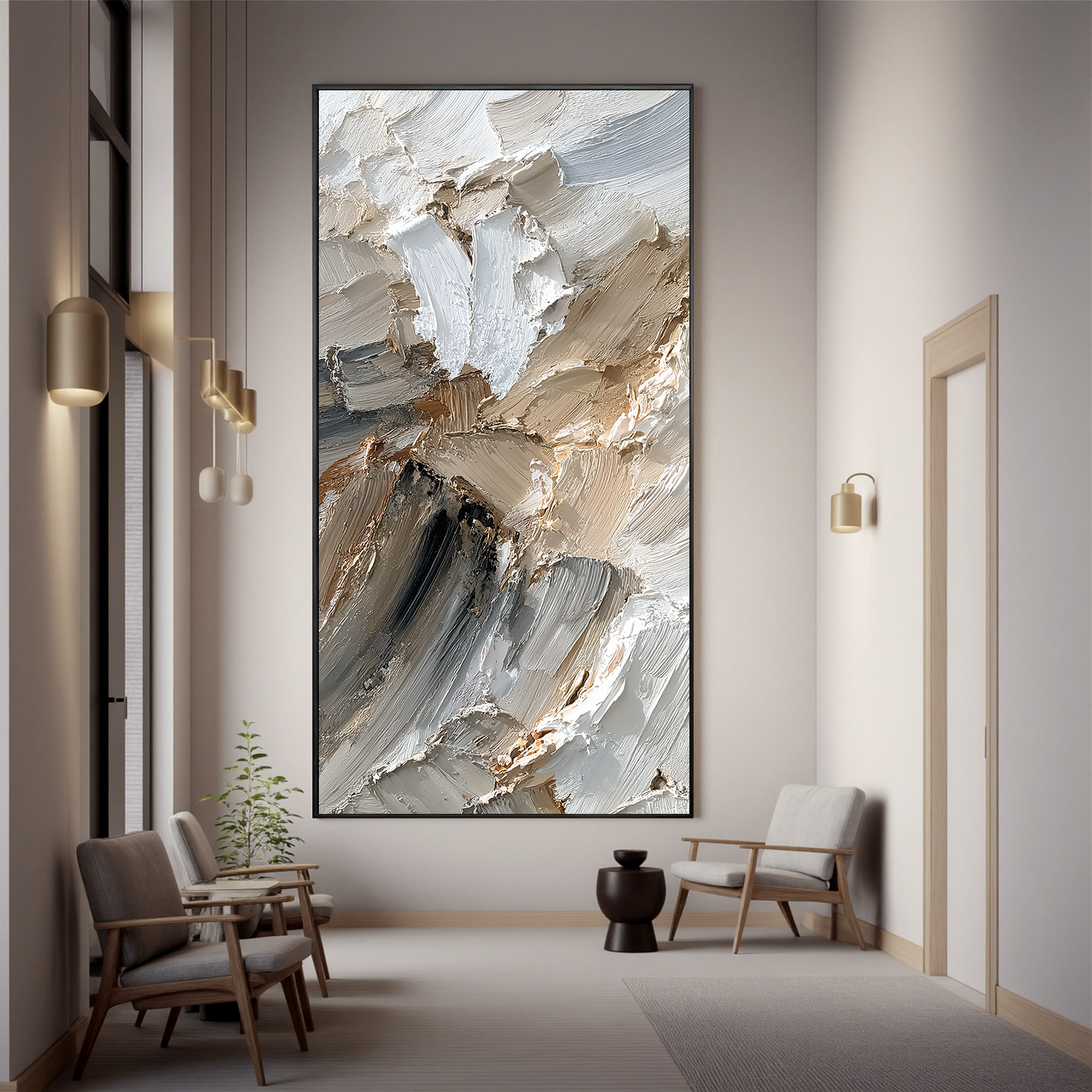 Neutral Textured Abstract Canvas Wall Art – Thick Impasto Painting in Beige Grey for Modern Home Decor#OA 0878