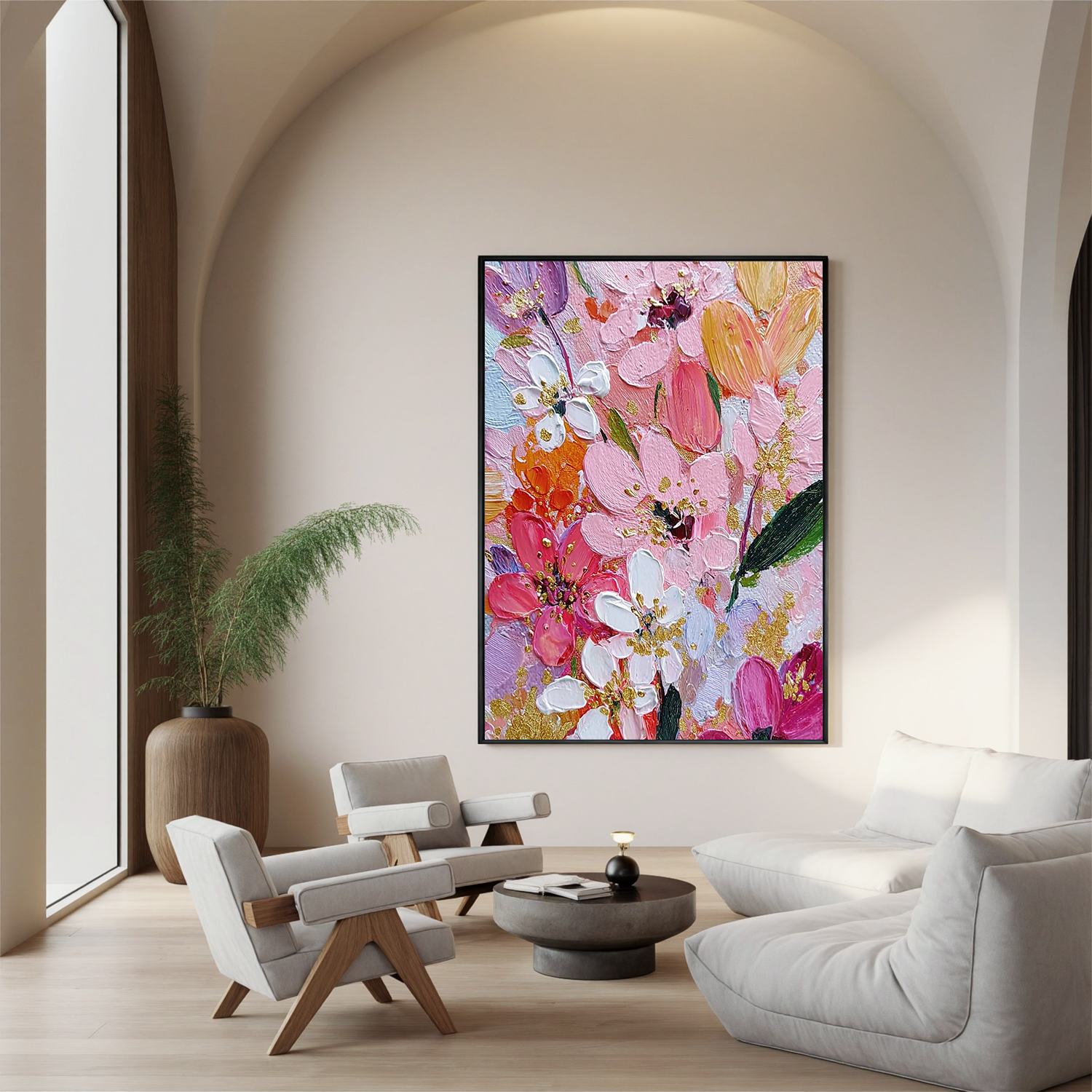 Pink Floral Oil Painting, Textured Flower Wall Art with Gold Accents for Living Room Decor#OA 0579