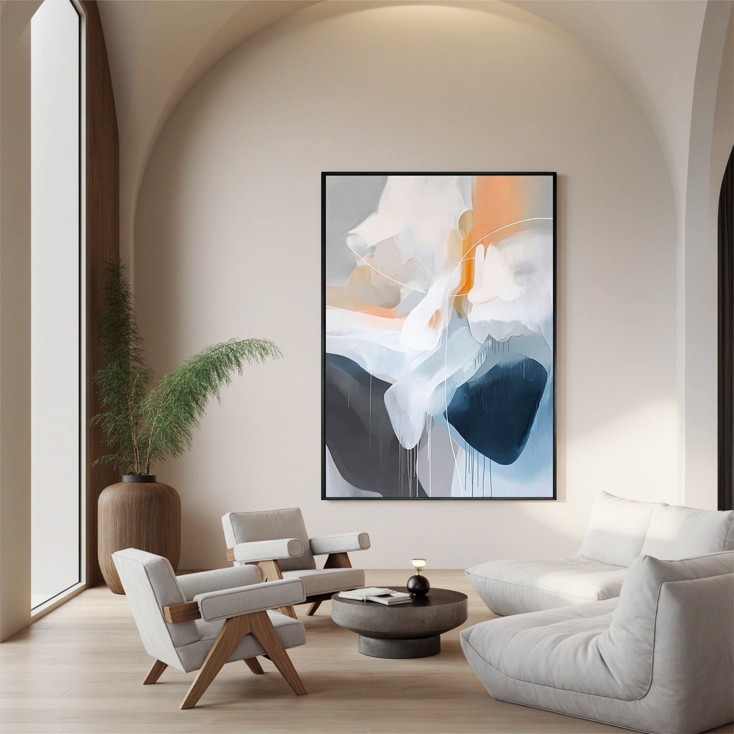 Soft Abstract Oil Painting, Blue Gray and Orange Modern Wall Art for Living Room Decor #OA 0552
