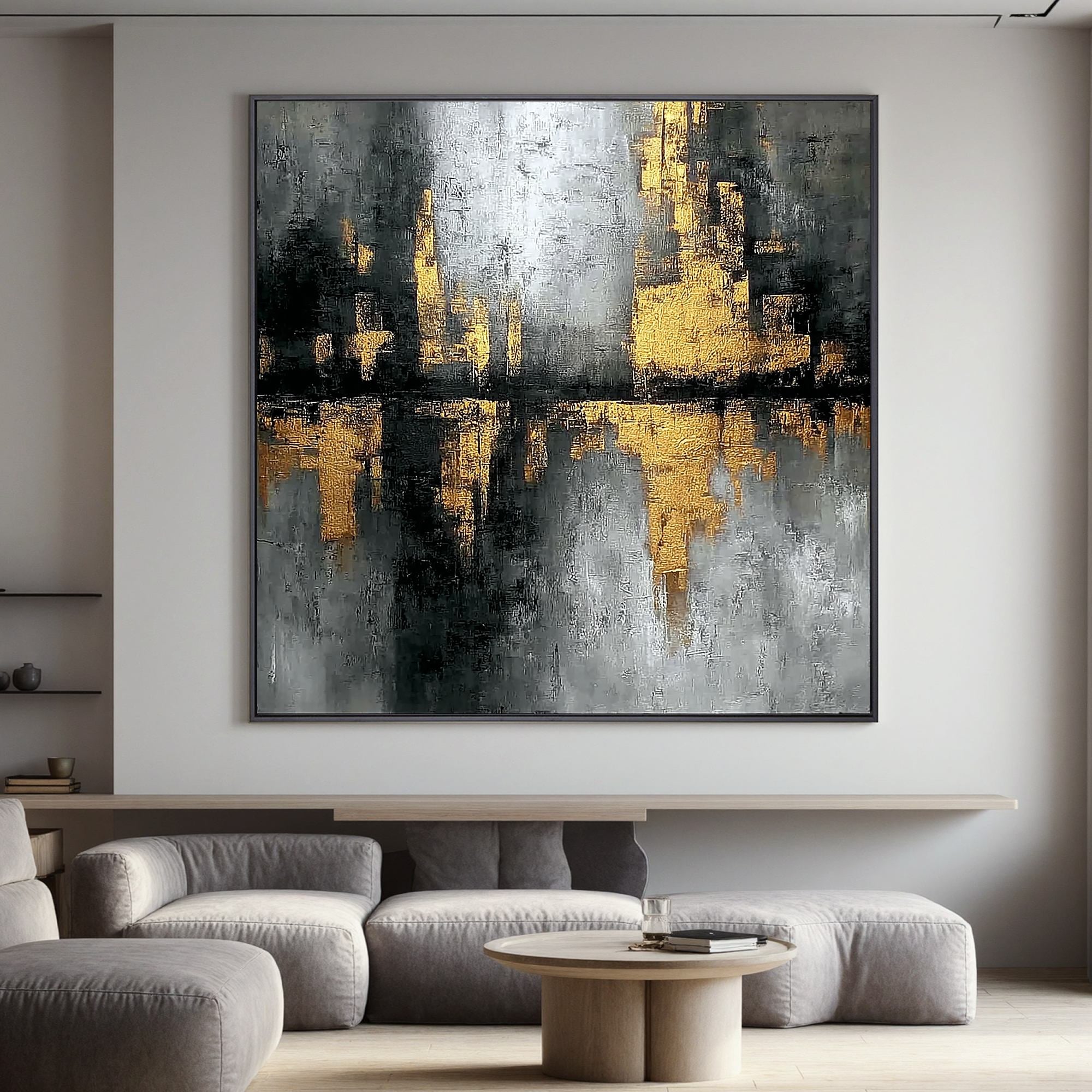 Black and Gold Abstract Cityscape Wall Art, Luxury Textured Canvas Painting for Modern Living Room Décor #OA 0410