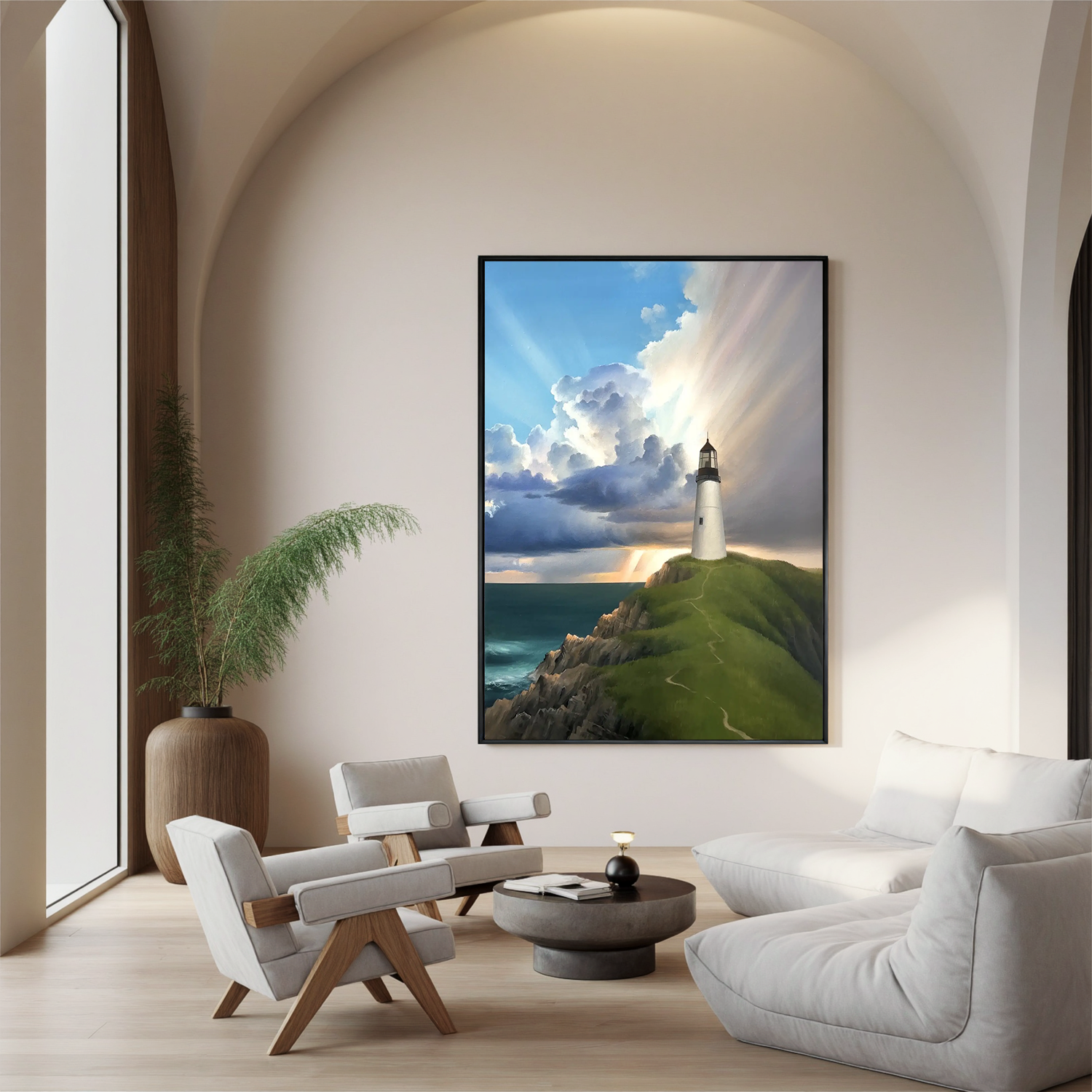 Coastal Lighthouse Wall Art, Dramatic Seascape Canvas Painting with Sun Rays for Living Room Decor #OA 0762
