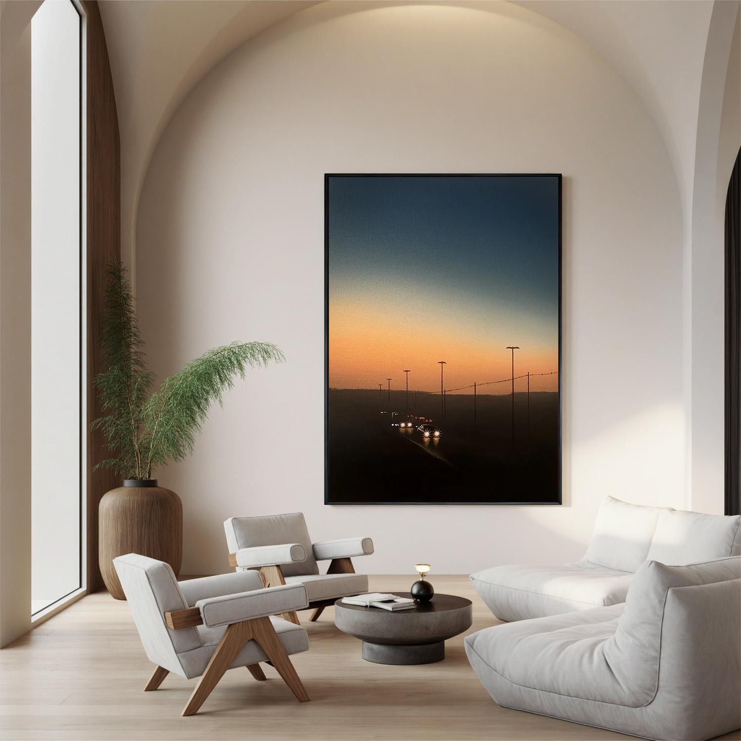 Sunset Highway Wall Art with Car Lights, Cinematic Dusk Road Landscape Canvas for Modern Living Room Decor #OA 0751