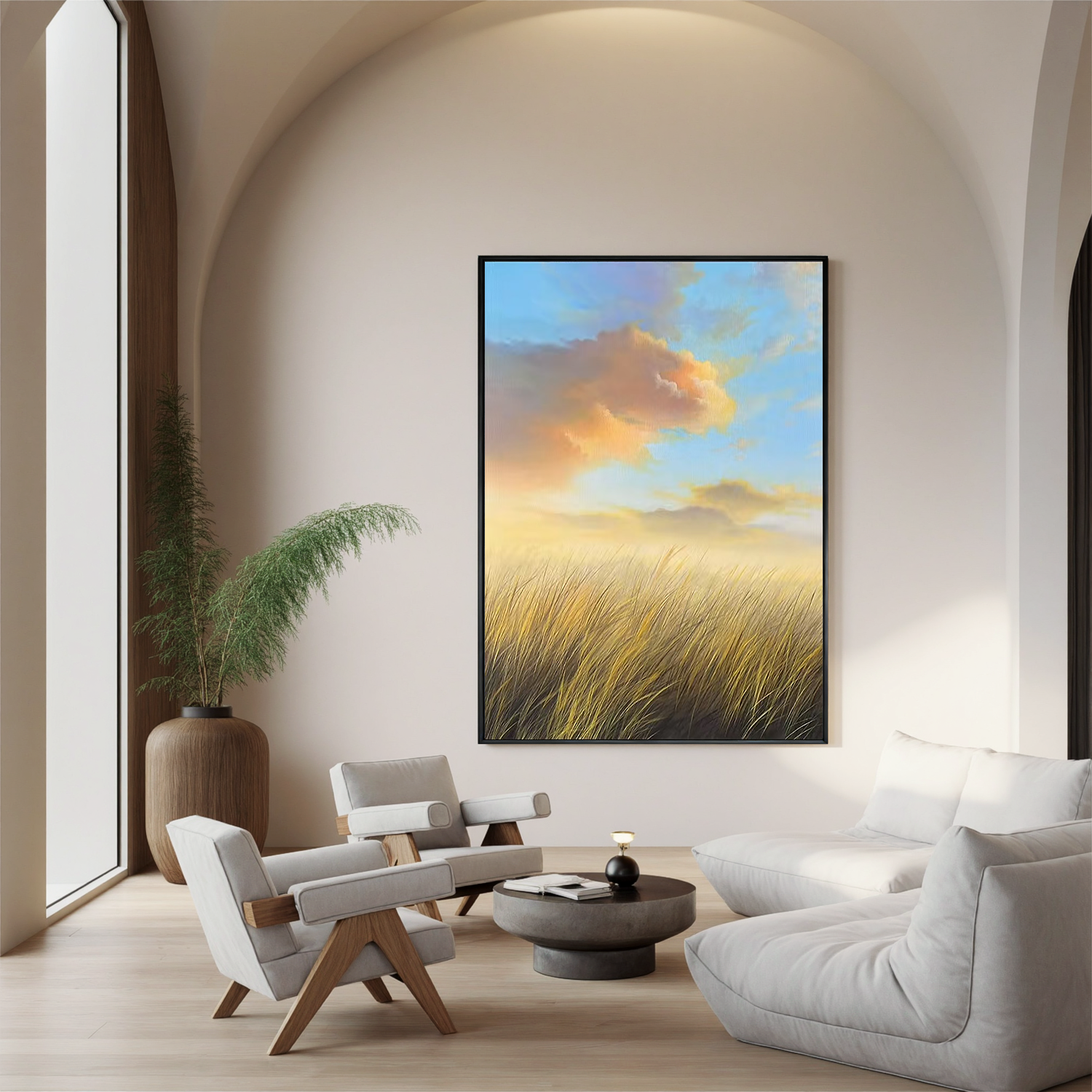 Golden Meadow Landscape Wall Art – Serene Sunrise Field Canvas Painting for Living Room Decor #OA 0800