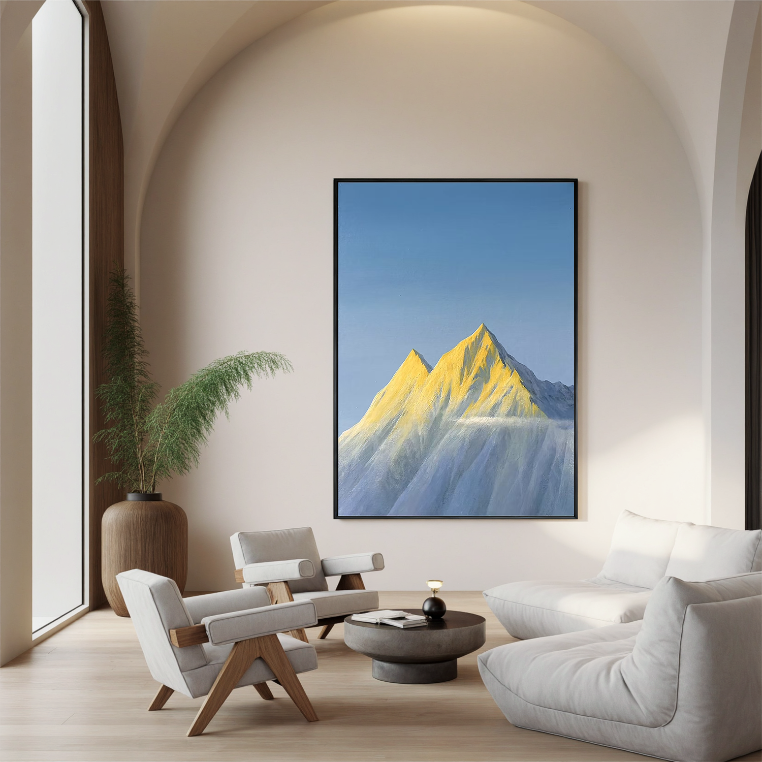 Golden Snow-Capped Mountain Wall Art, Minimalist Alpine Landscape Canvas Painting for Modern Living Room Decor #OA 0792
