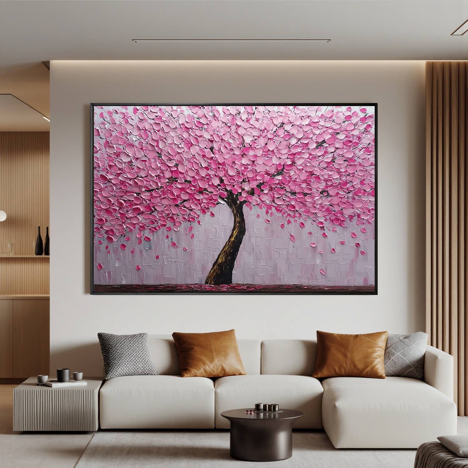 Pink Cherry Blossom Tree Oil Painting | Textured Floral Wall Art for Modern Living Room & Bedroom #OA 0425