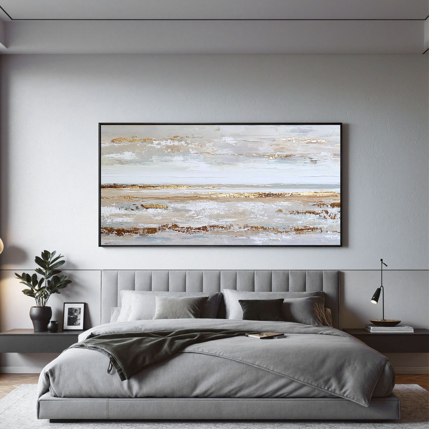 Large Coastal Abstract Canvas Wall Art – Textured Neutral Beige Ocean Landscape Painting for Living Room Decor#OA 0859