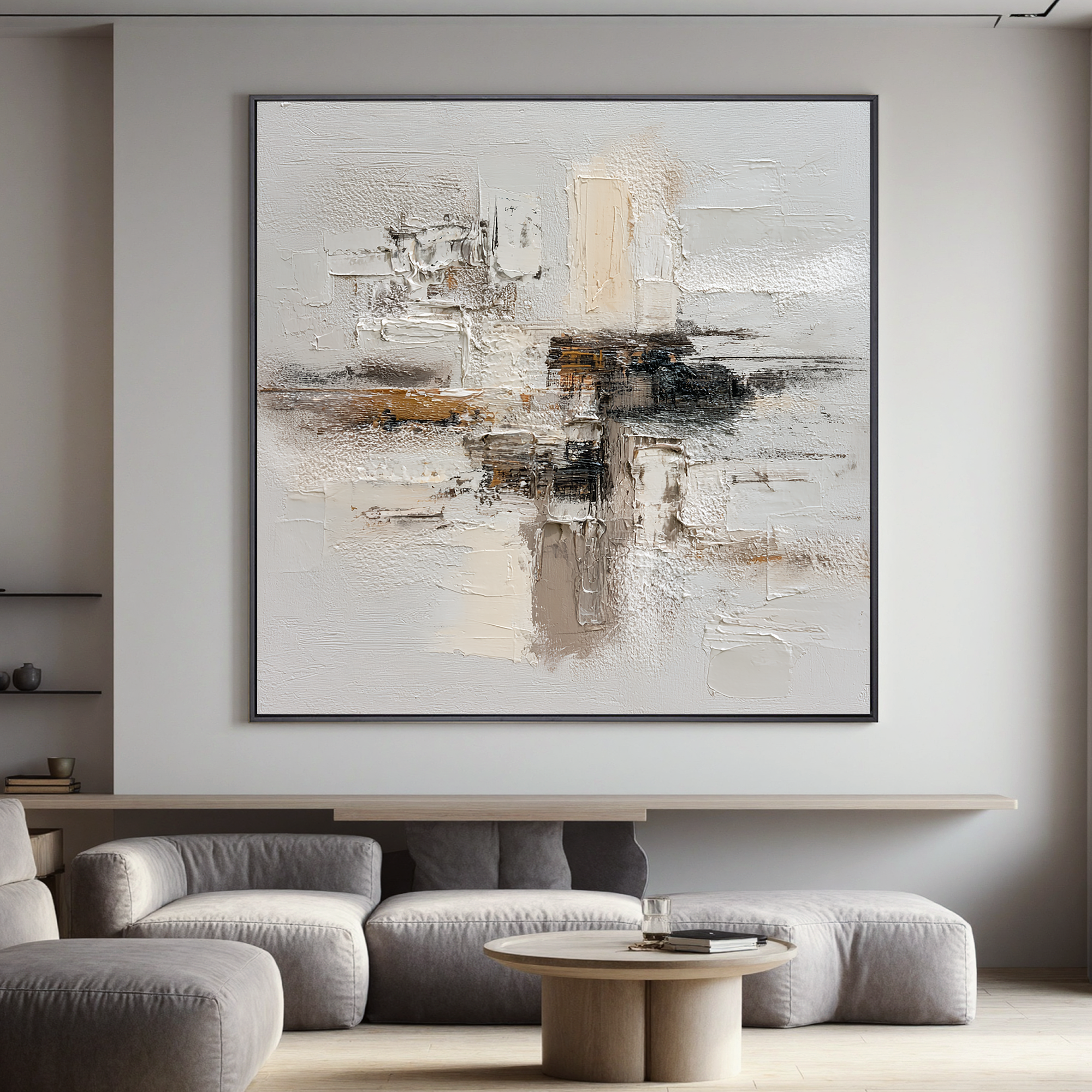 Large Neutral Textured Abstract Canvas Wall Art – Beige White Minimalist Painting for Modern Living Room Decor#OA 0882