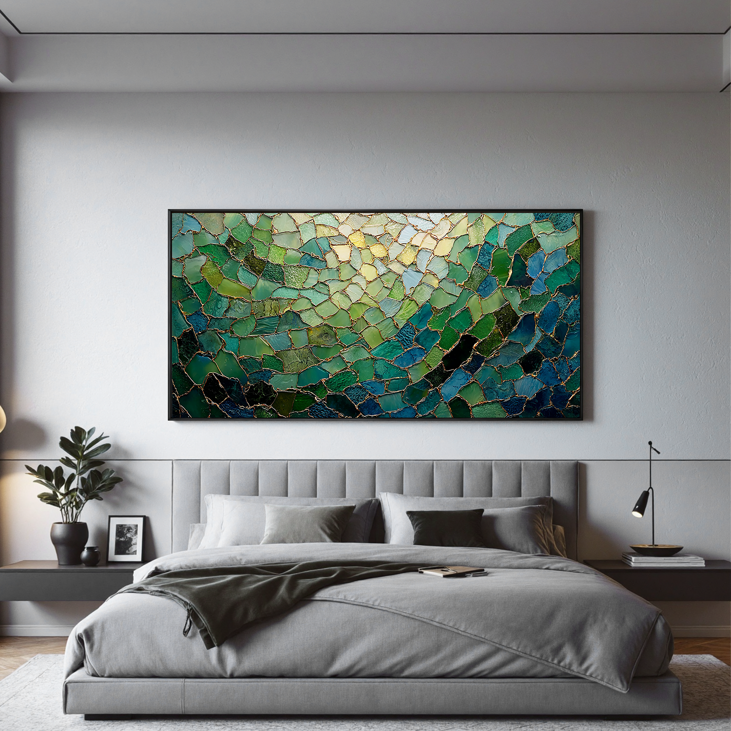 Green Abstract Mosaic Wall Art – Modern Emerald and Gold Textured Canvas Painting for Living Room Decor #OA 0818