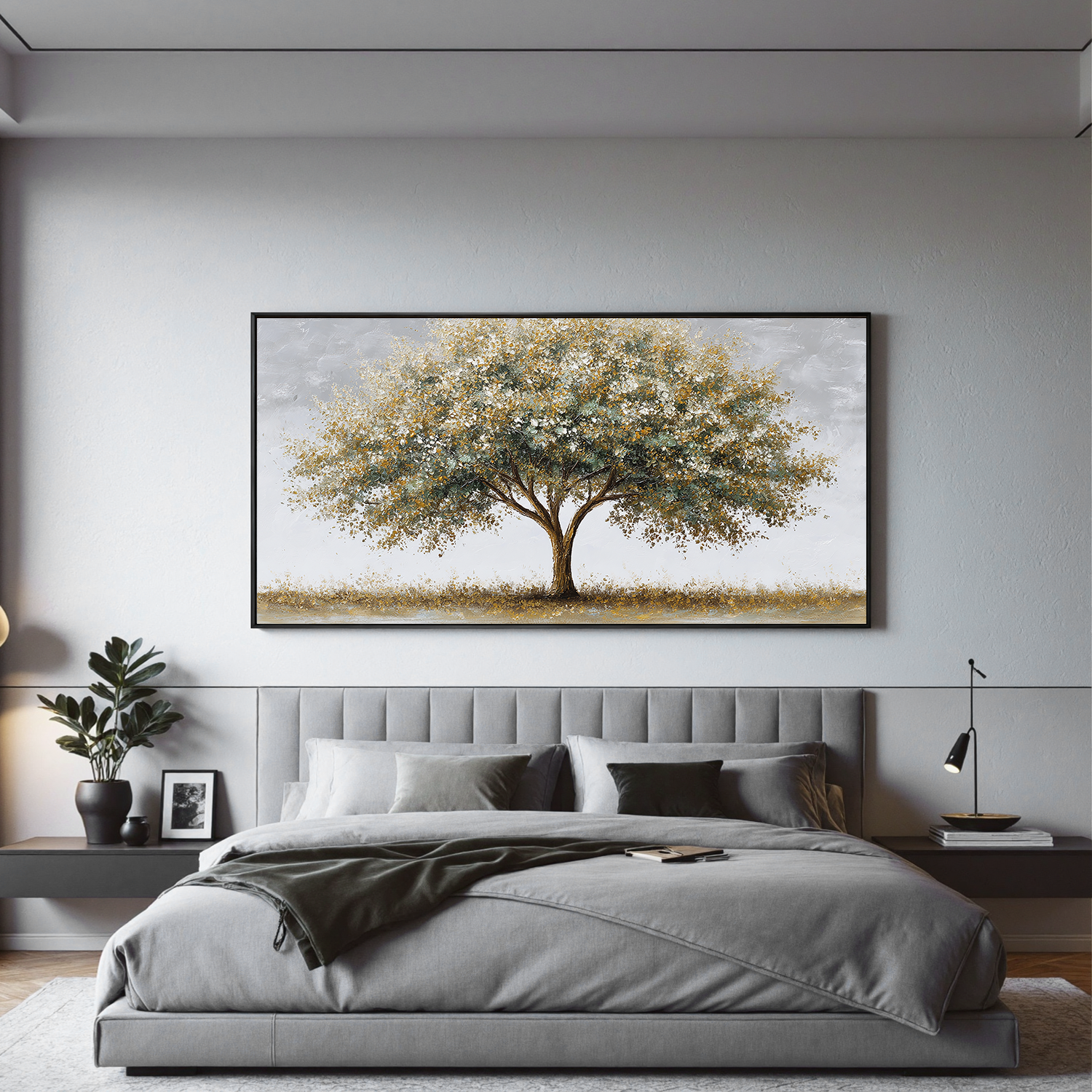 Golden Tree Canvas Wall Art – Minimalist Nature Painting for Modern Living Room Decor#OA 0851