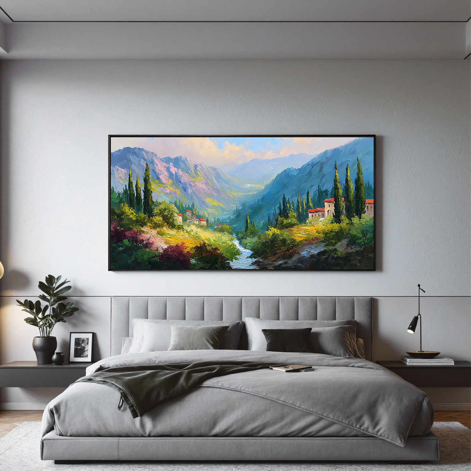 Large Mediterranean Mountain Landscape Oil Painting – Scenic Valley Canvas Wall Art#OA 0889