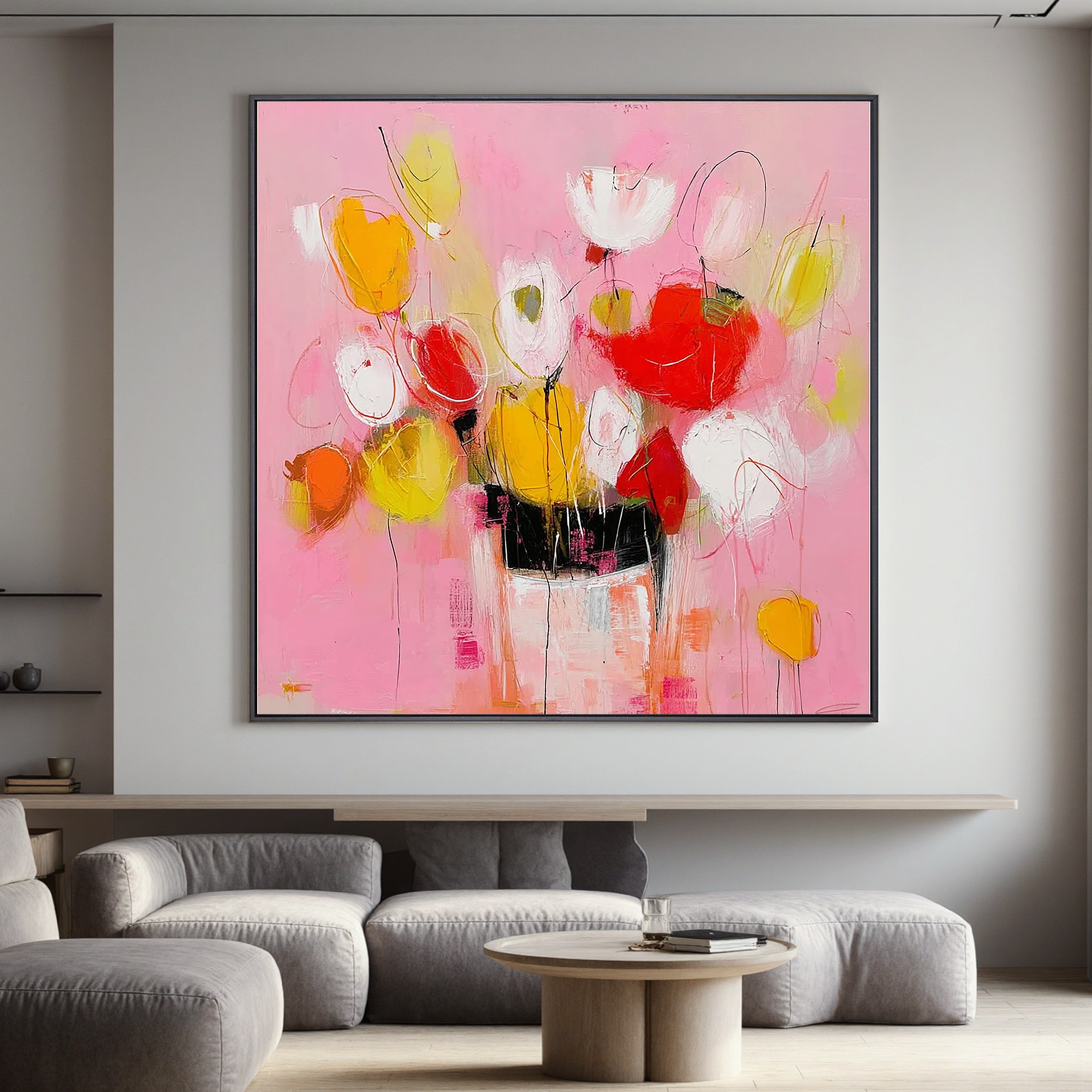 Pink Floral Oil Painting Canvas – Modern Abstract Flower Vase Wall Art for Living Room Home Decor#OA 0487