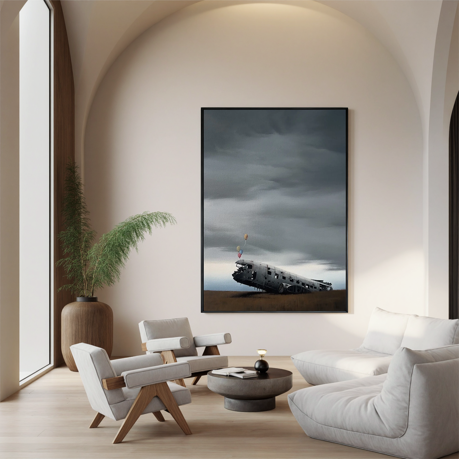 Surreal Airplane Wreck with Balloons Wall Art, Moody Landscape Canvas Painting for Modern Living Room Decor #OA 0761