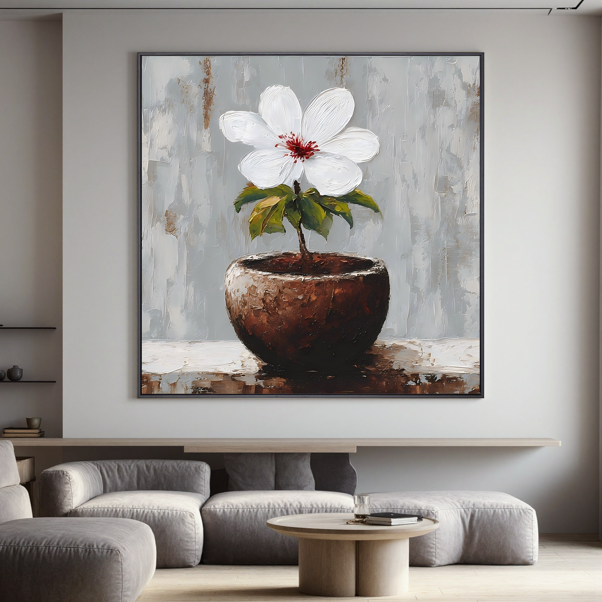 Minimalist White Flower Canvas Wall Art – Elegant Potted Plant Painting for Modern Home Decor#OA 0852